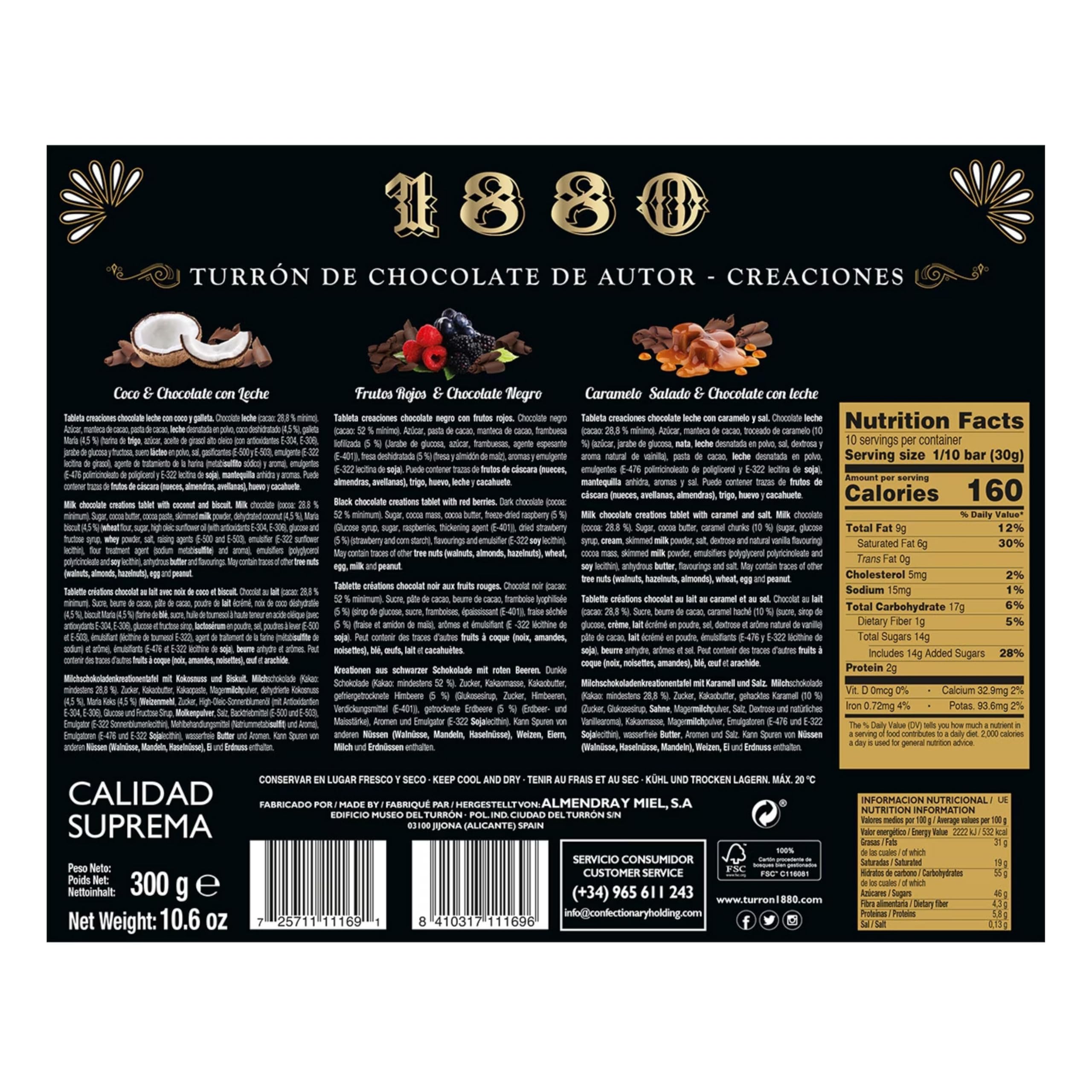 Degustación Turrones Chocolates de Autor 3 gustos Coco & Chocolate con leche Turrón de Frutos Rojos & Chocolate Negro Turrón de Caramelo a la Sal & Chocolate con Leche 3 x 100g Pack 300g