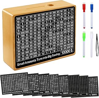 10000 Savings Challenge Box Wooden Money Saving Box Cash Vault Piggy Bank for Adults Kids One Piece Reusable Coin Bank with 8 Saving Targets/Dry Erase Pen/Tweezers