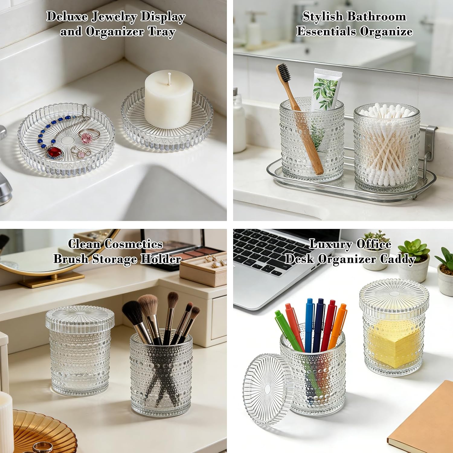 Bathroom Organizers and Storage, 4 pack Glass Qtip Holder, Bathroom Jars with Lids, Vanity Organizer for Cotton Rounds, Balls & Floss Picks, Qtips, Vanity & Makeup Bathroom Canisters with Lids (Clear)