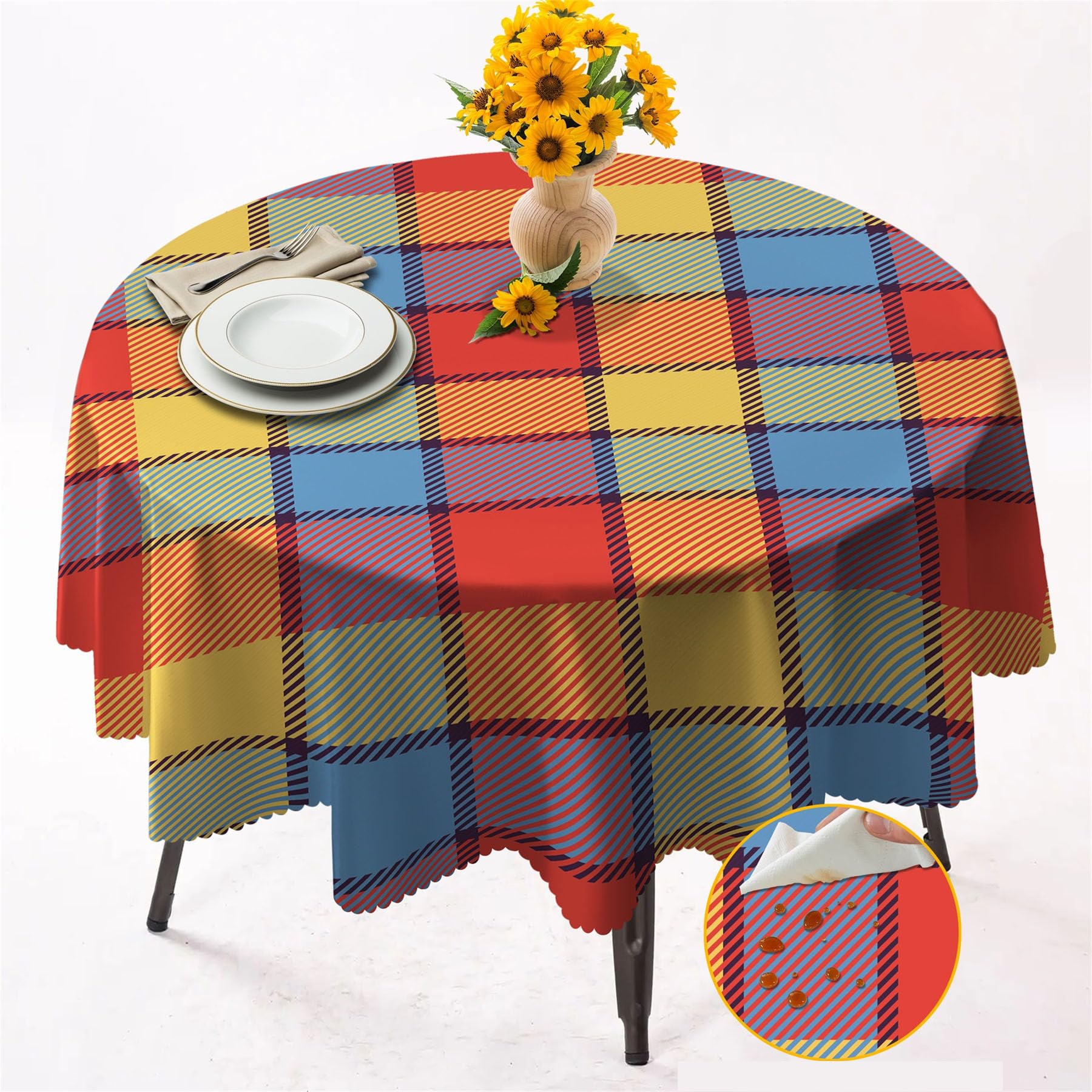 Round Tablecloth 152cm Wrinkle Free Washable Polyester Table Cloth for Circular Table, Home Dining Party Use, Color Lattice Round Wipe Clean Tablecloth 60 Inches (Color 01)