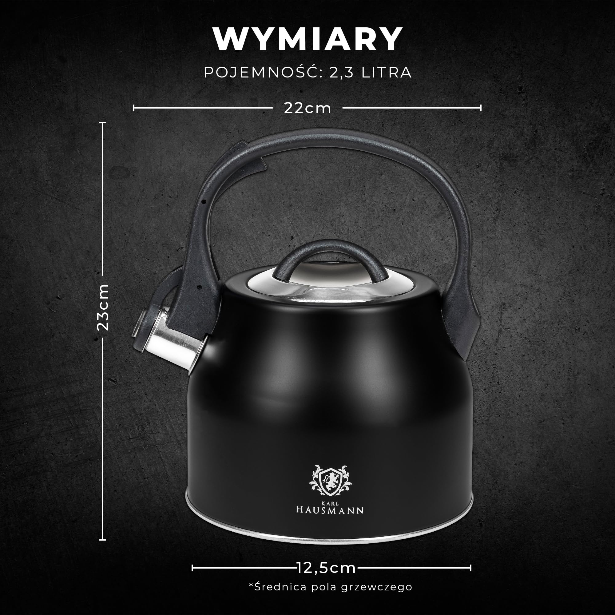 KARL HAUSMANN Czajnik Stalowy - 2.3L - na Kuchenkę Indukcyjną, Gazową i Elektryczną - Uchwyt Cool-Touch - do Herbaty, Kawy - z Gwizdkiem i Pokrywką - Odporny na Zarysowania