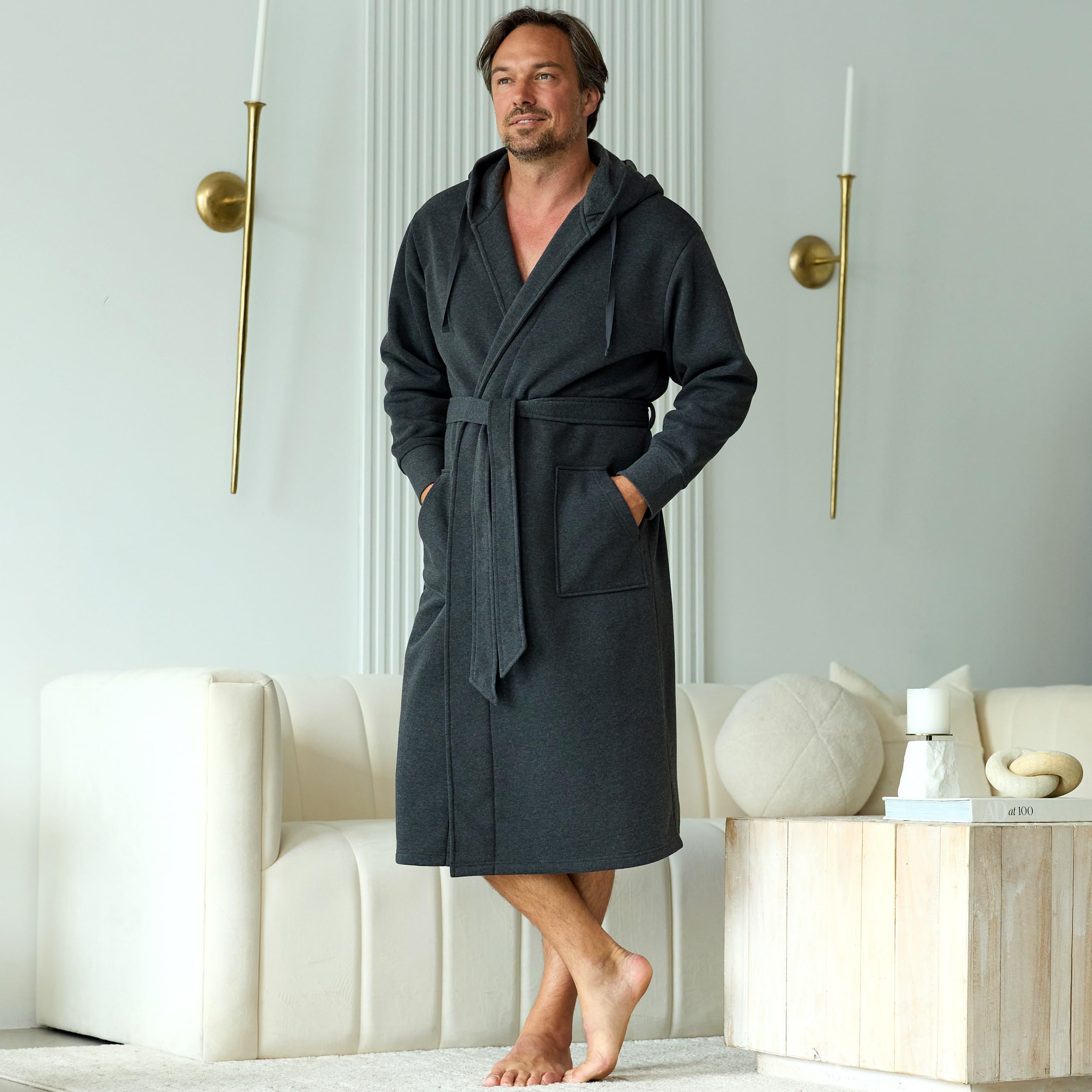 Alexander Del Rossa Kapuzen-Sweatshirt-Bademantel für Herren, langer Bademantel mit Kapuze und Taschen