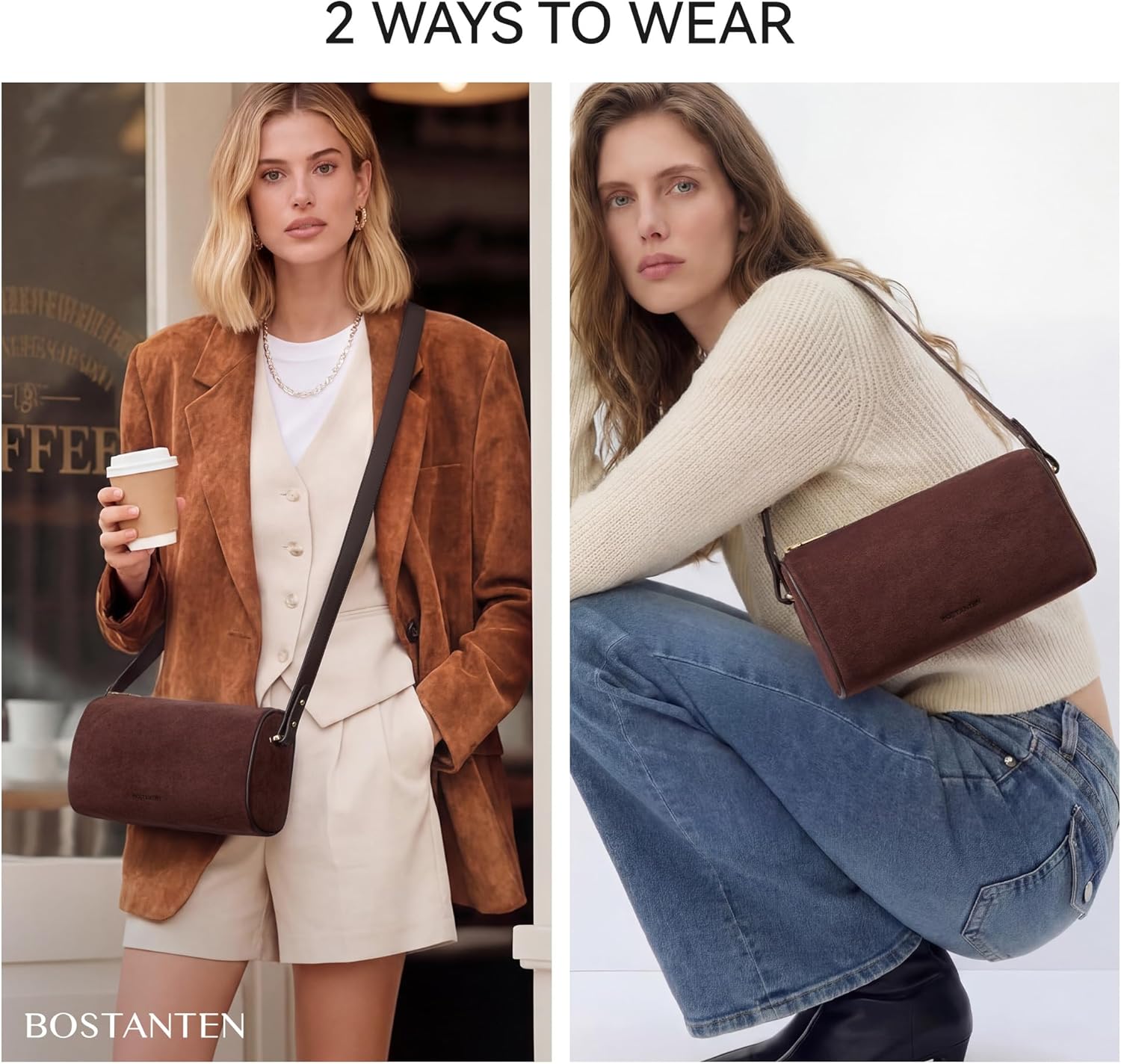 BOSTANTEN Crossbody Purses for Women Suede Leather Shoulder Purse Handbags Vintage Barrel Bag with 2 Adjustable Strap