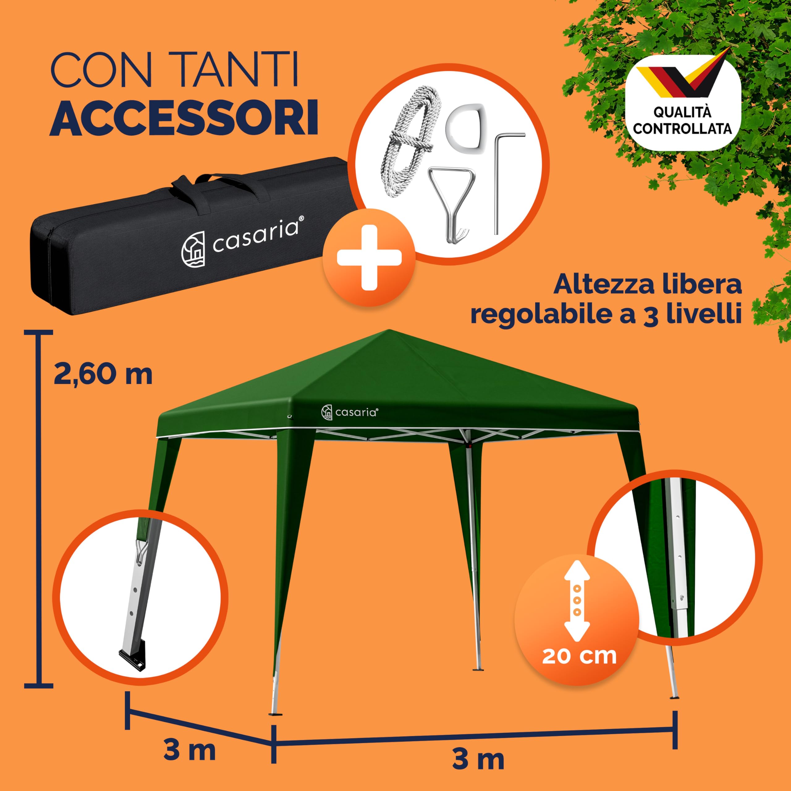 CASARIA® Gazebo da Giardino Capri 3x3m Pop-Up Protezione 50+ Impermiabile Tenda a Fisarmonica Verde