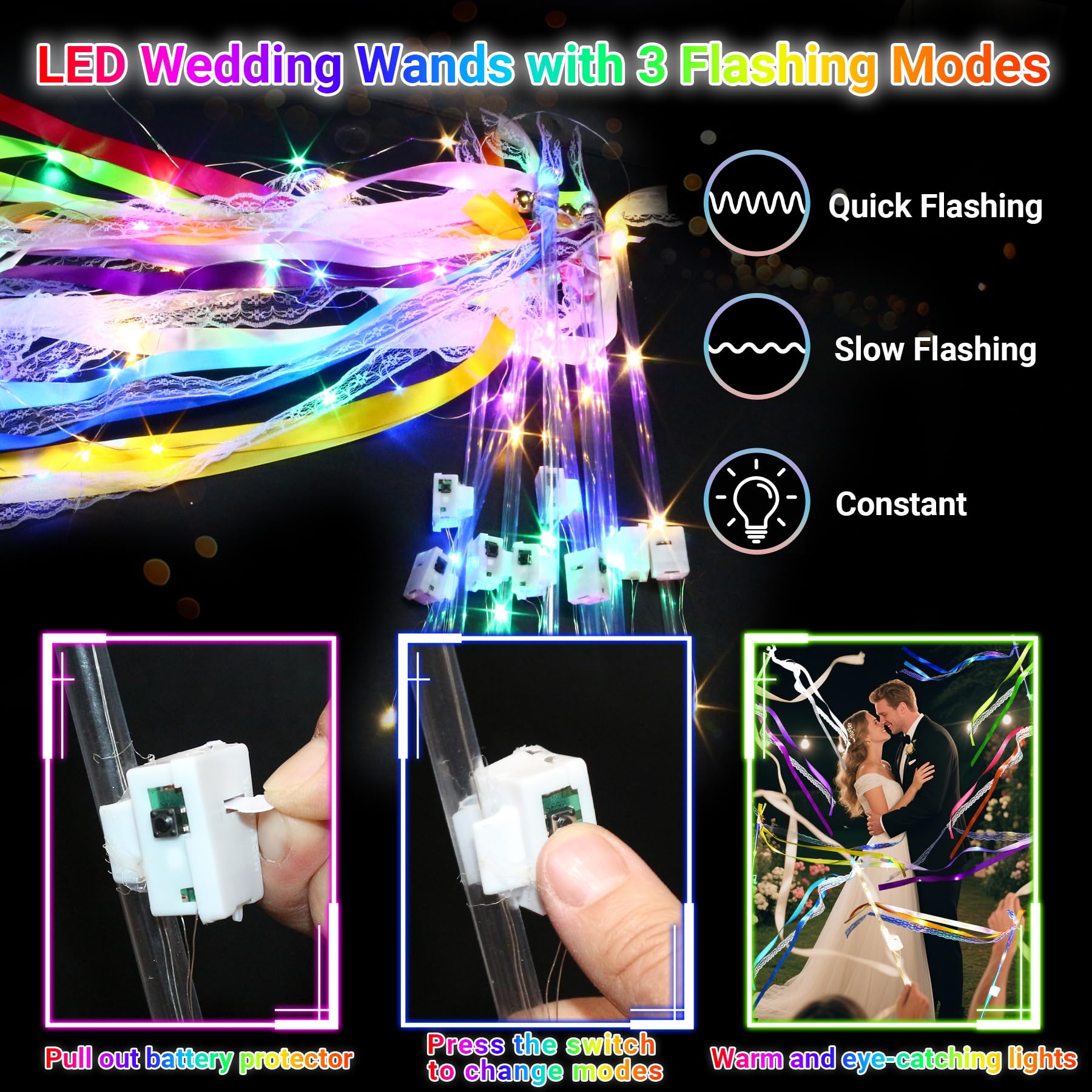 60 varitas iluminadas, cintas de boda con 3 modos intermitentes, varitas de hadas de seda LED con campanas para recuerdos de boda, Pascua, 4 de julio, decoración de cumpleaños (colorido)