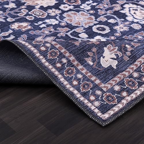 Miniatura 5 de Alfombra floral lavable a máquina de 8 x 10 pies para sala de estar, dormitorio, cocina, comedor, azul marino