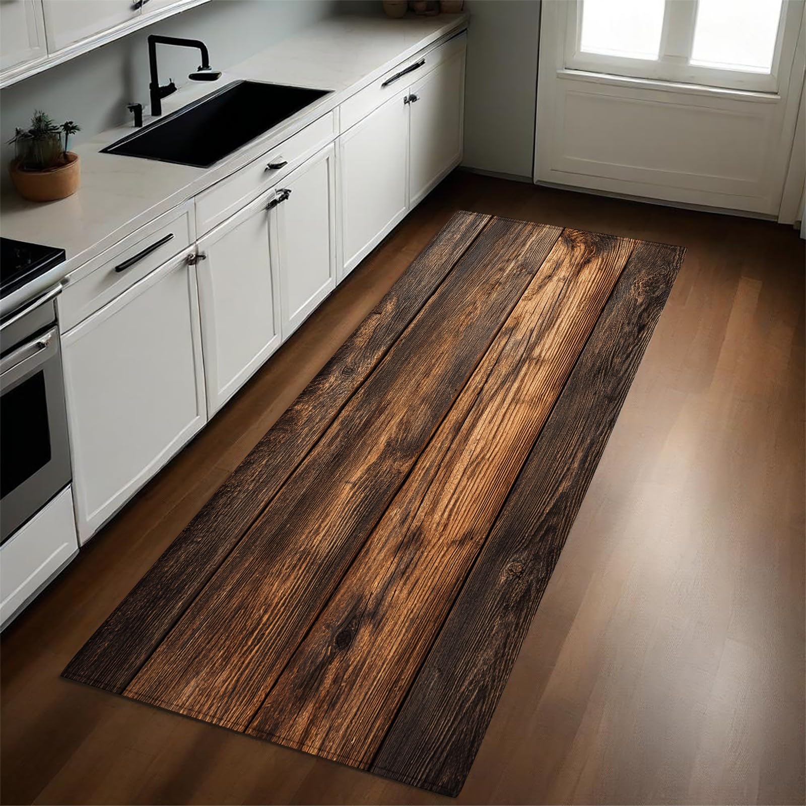 Teppich Läufer 60x180 cm Landhaus-Holzmaserungspaneele Rutschfester Teppichläufer Brown für Wohnzimmer Flur Küche Waschbar Pflegeleicht