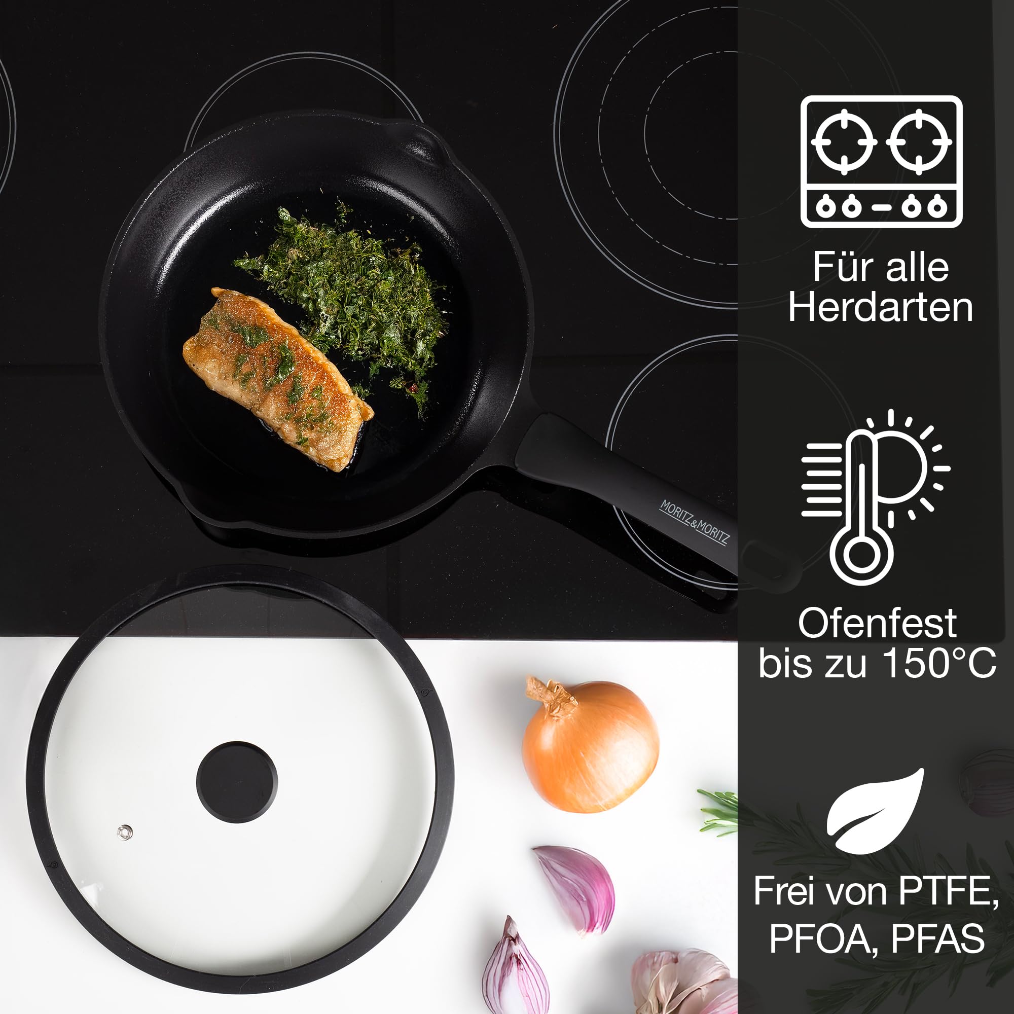 Moritz & Moritz Keramik Pfanne mit Deckel 26cm - frei von PFAS, PFOA & PTFE - Antihaft Bratpfanne 26cm - Schmorpfanne für alle Herdarten geeignet - Ideal zum Braten, Schmoren und Servieren - Schwarz