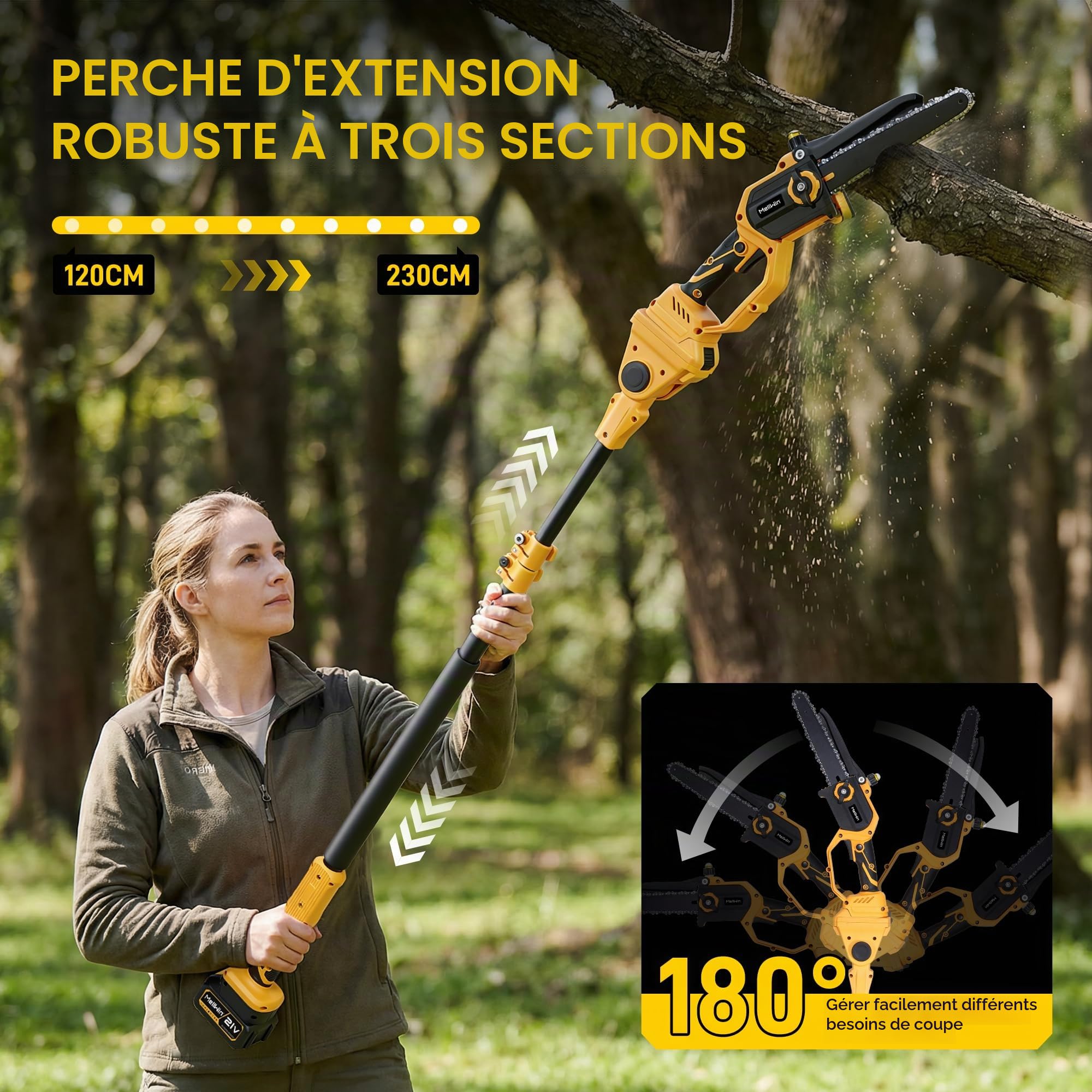 Sécateur électrique 4 en 1 avec 2 batteries de 4000 mAh, outil de jardin de 20 cm avec manche télescopique, lame de 40 mm, moteur sans balais, longueur 2,3 m