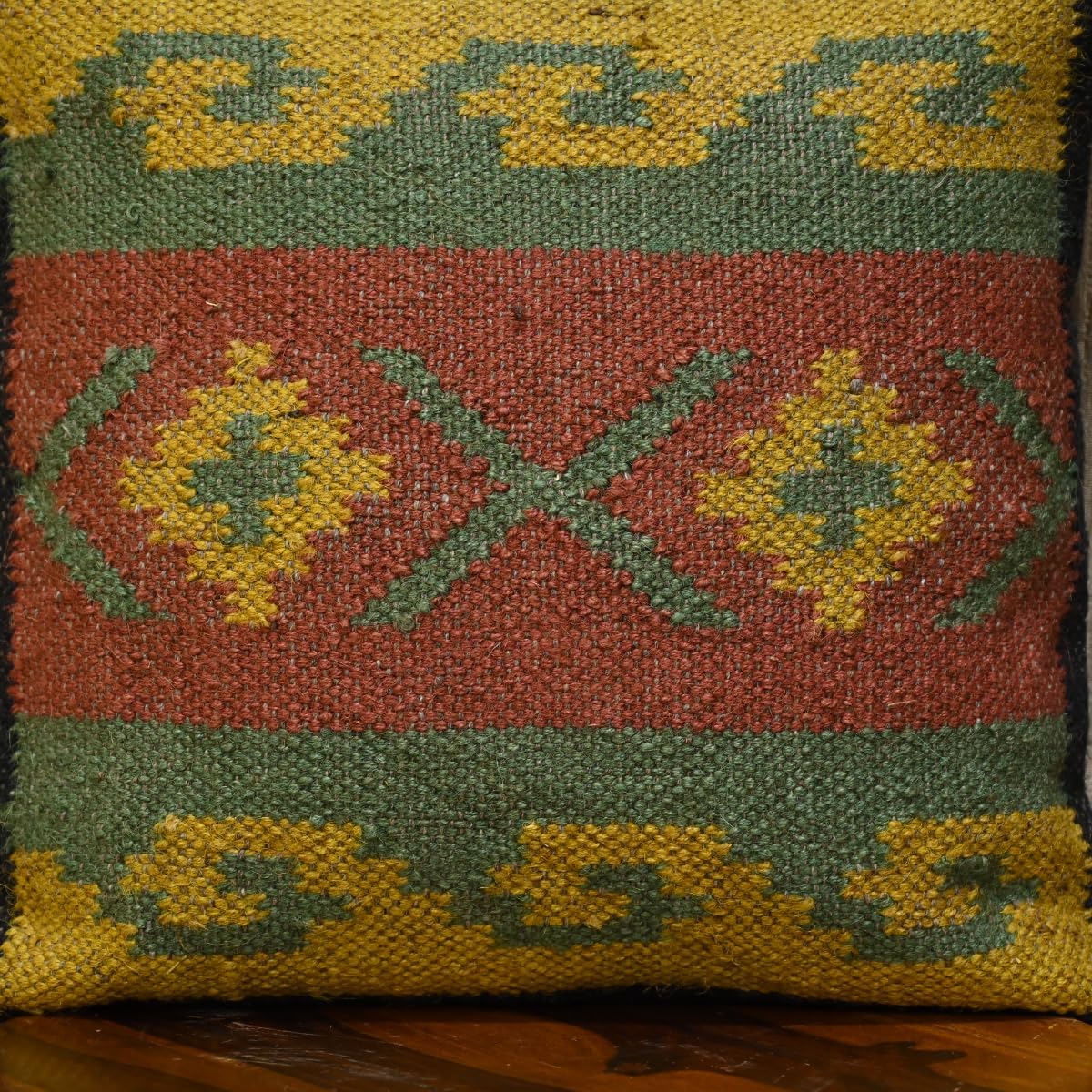 Jaipur Kilim Rugs Klim Jute Pillow Cover 18x18 Boho Tribal Decorative Throw Pillow Case, Handwoven Kilim-Style Burlap Cushion Cover for Sofa (Cover Only) (1, WKJ_Multi Colour_C_22)