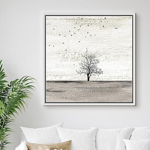 Miniatura 3 de SIGNFORD Lienzo enmarcado para pared, pájaros vuelan sobre campo gris con árboles, animales, ilustraciones de vida silvestre, arte moderno,