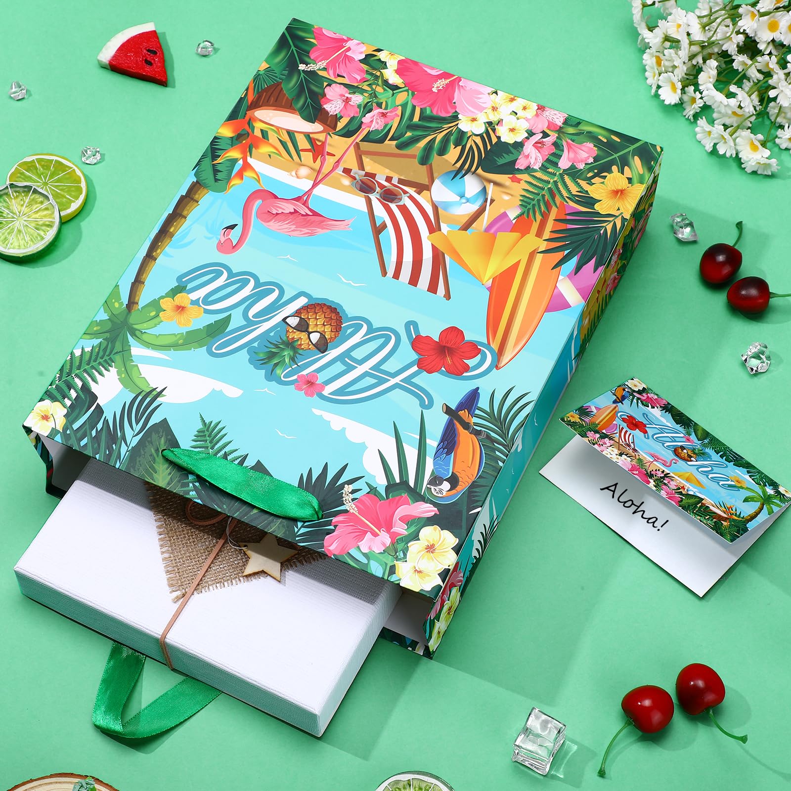 Summer Hawaiian Gift Bag, Aloha Beach Birthday Wrapping Paper Bag with Card Tissue Paper Tropical Luau Gift Bag for Retirement Weddings Bridal Showers Baby Showers Hawaii Party Decorations Supplies