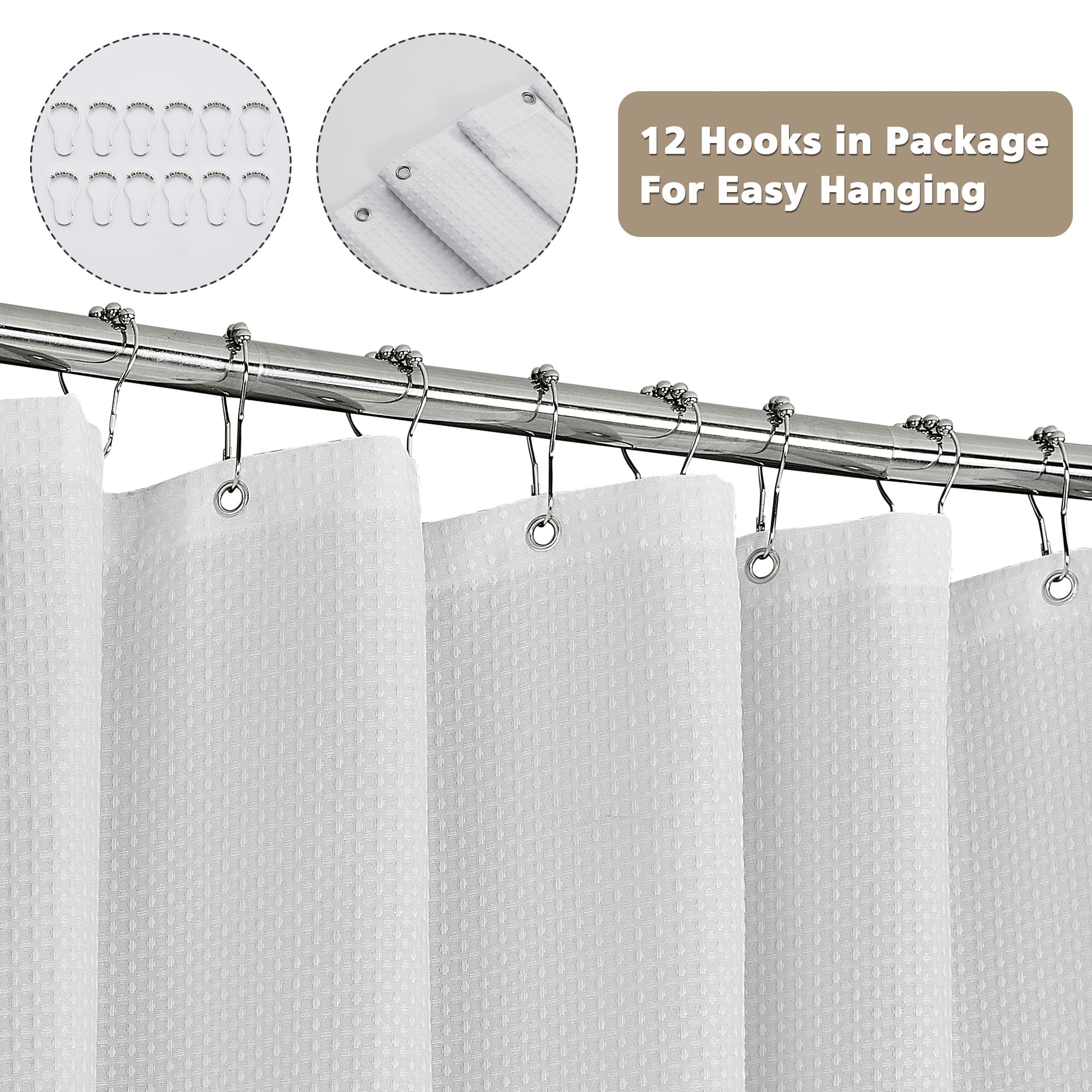 Tenda Doccia in Poliestere Waffle Tenda da Bagno in Tessuto Lavabile in Lavatrice con 12 Metallo Anelli Impermeabile 180X200CM Bianco