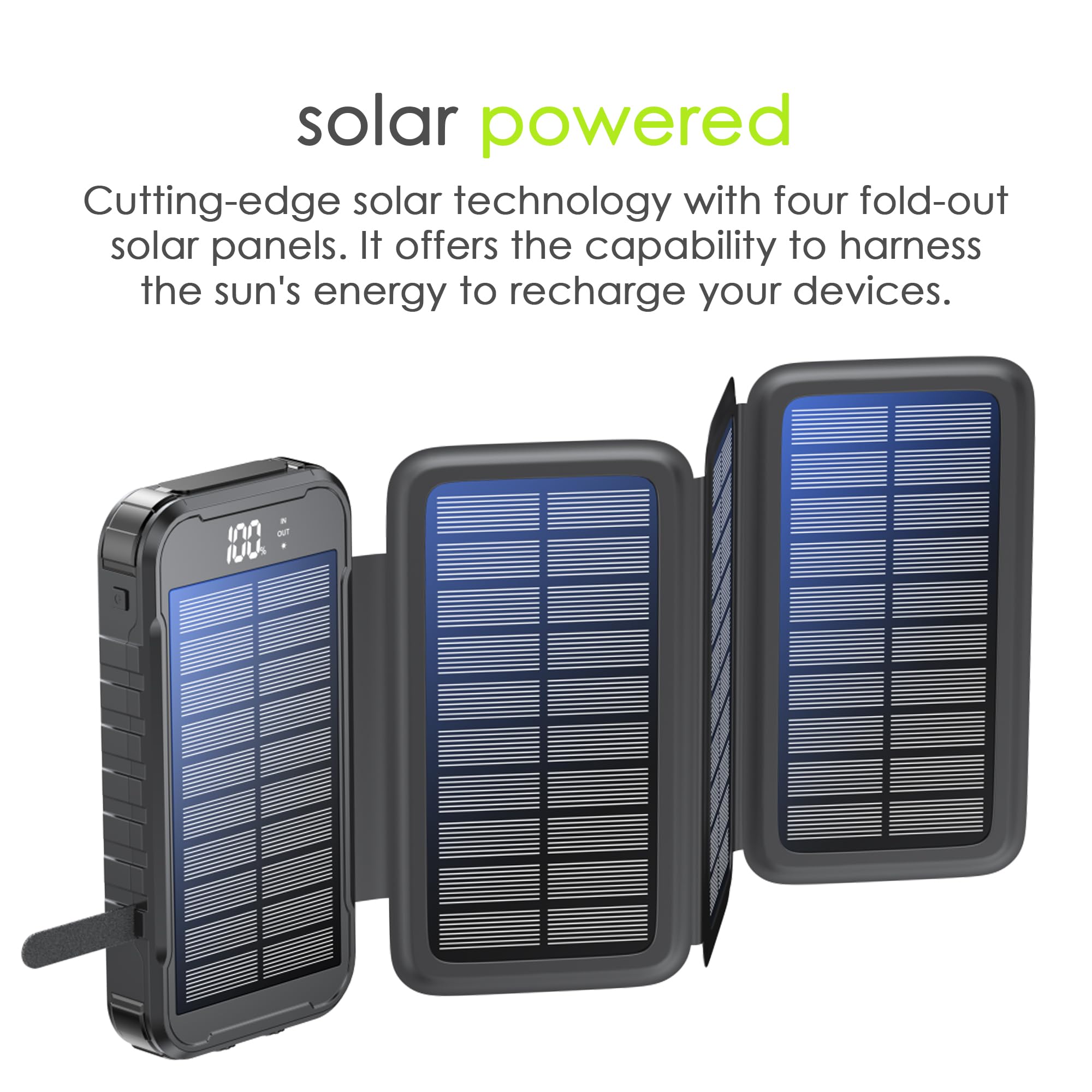 Boompods Neutron 16000mAh Faltbare Solar Powerbank - Tragbares Ladegerät mit Schnellladefunktion, Power Bank mit Solarpanel, 2X USB für Handy und Tablet, Camping-Taschenlampe, Schwarz