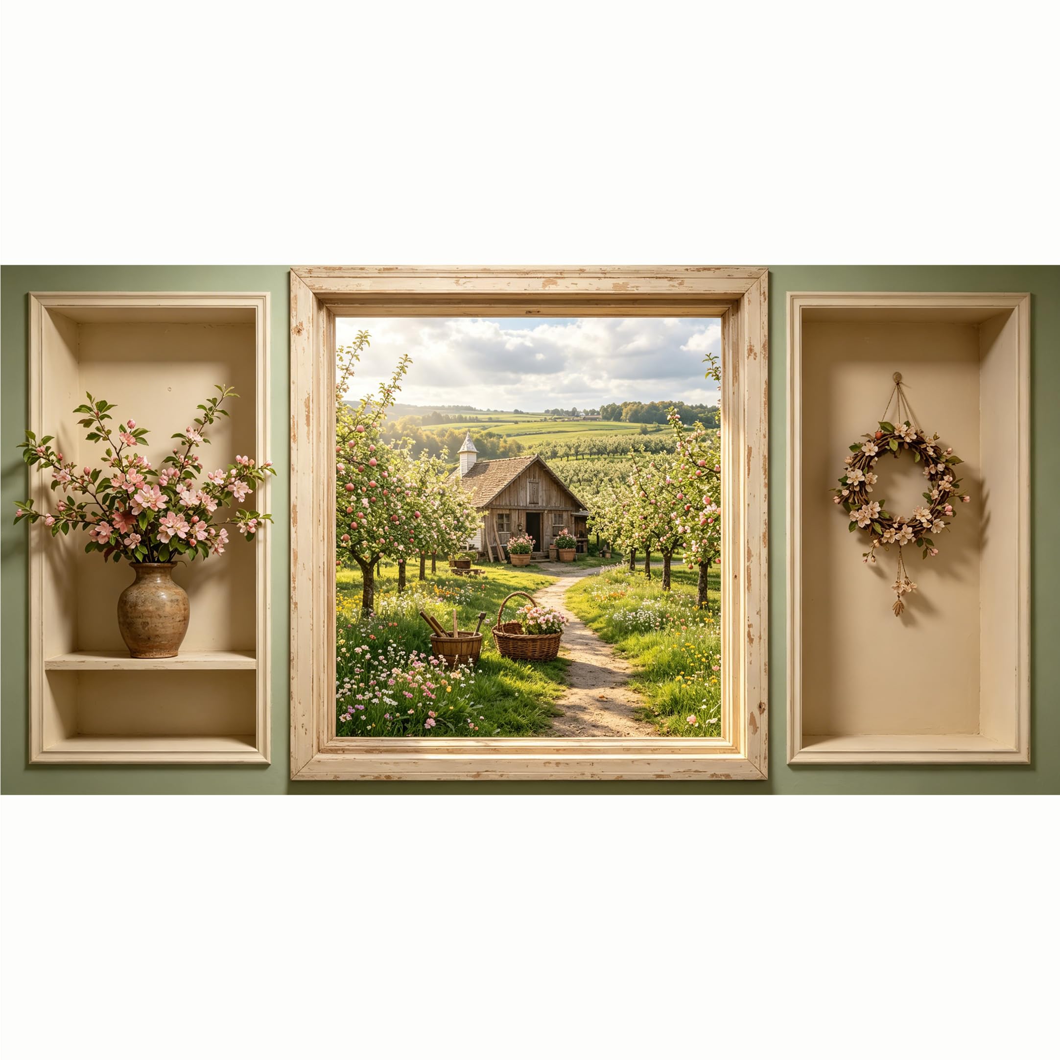 QZLITHOTIC 50x100cm 3D Framed Wall Art， Farmhouse Apple Orchard Landscape Self‑Adhesive Mural， Water‑Activated Peel & Stick Fabric Decor Wall Decal for Bedroom Living Room