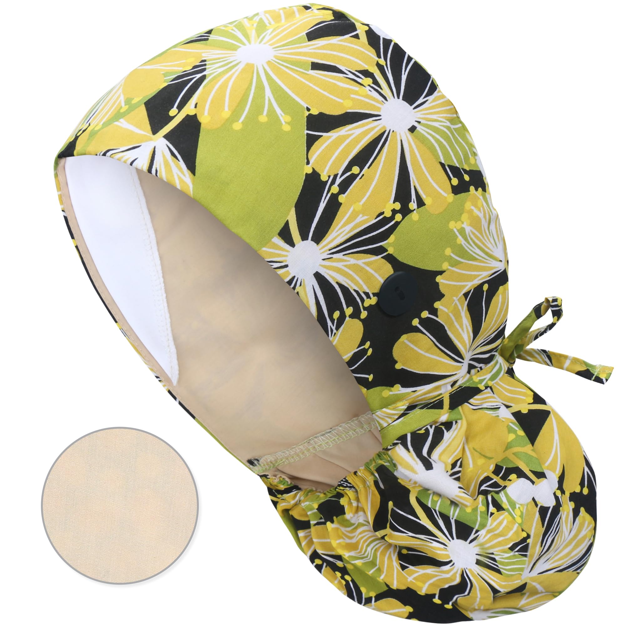 QBA Adjustable Working Cap with Button, Satin-Lined Hat, Cotton Working Hat Sweatband, Elastic Tie Back Hats Unisex
