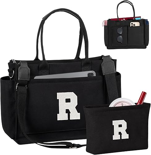 Miniatura 22 de Easter Basket Stuffers, Initial Tote Bag with Makeup Bag, Birthday Gifts for Women, Teen Girl Gifts Trendy Stuff Beige,Negro