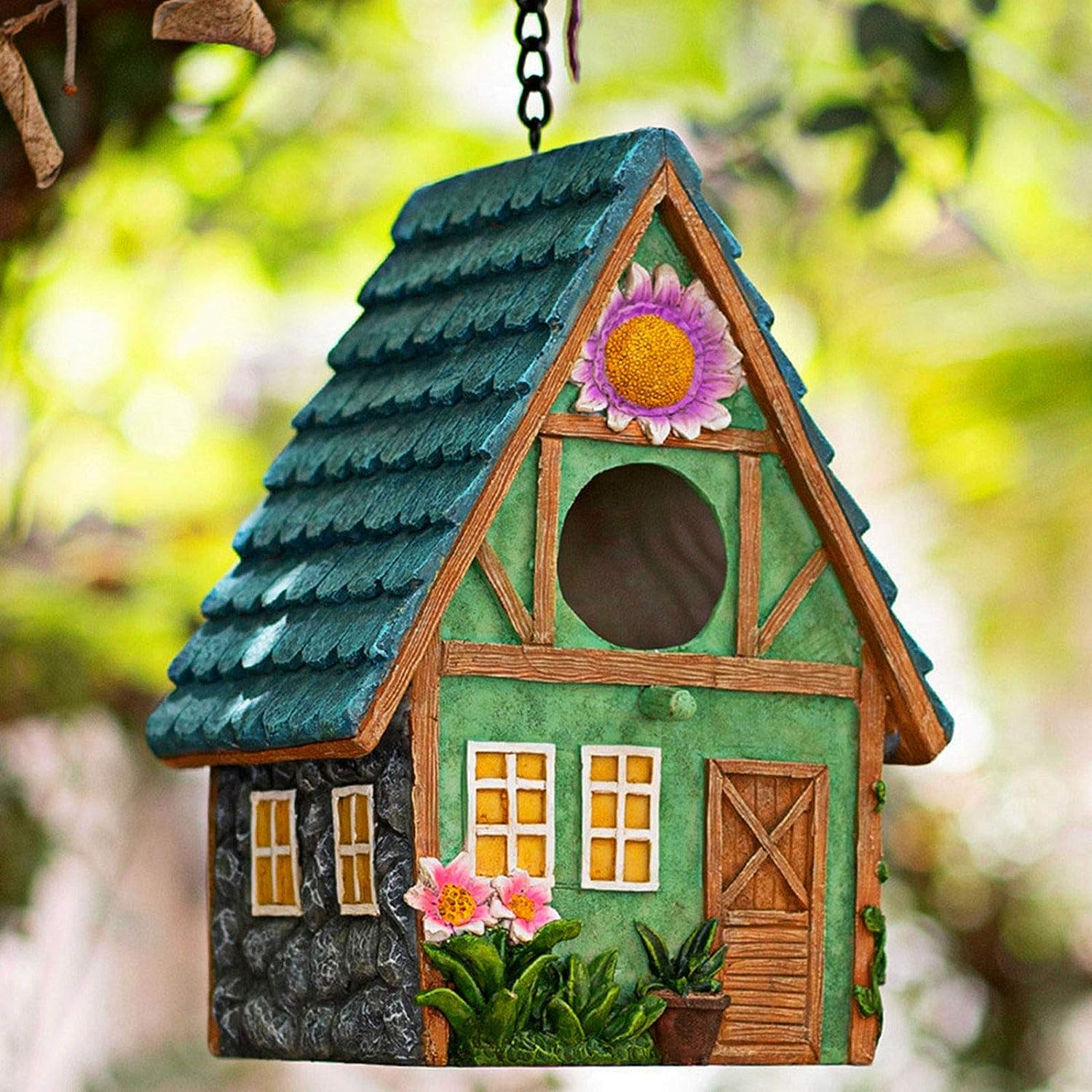 CENXI Garden Statue Birdhouse Retro Art Hanging Cabin with Bird House Clean Switch, Country Cottages Bird Nest Figurine Sculpture for Indoor Outdoor Yard Pathways Decoration Ornament