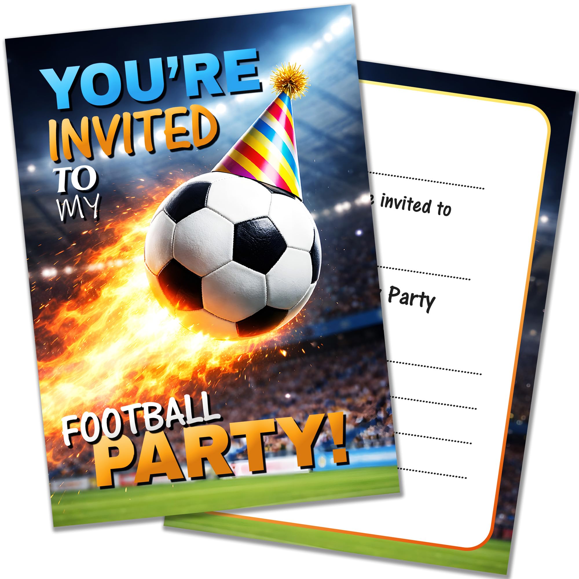 20 x Football Party Invitations with Envelopes Flaming Football Design Double Sided Cards Designed and Printed in the UK