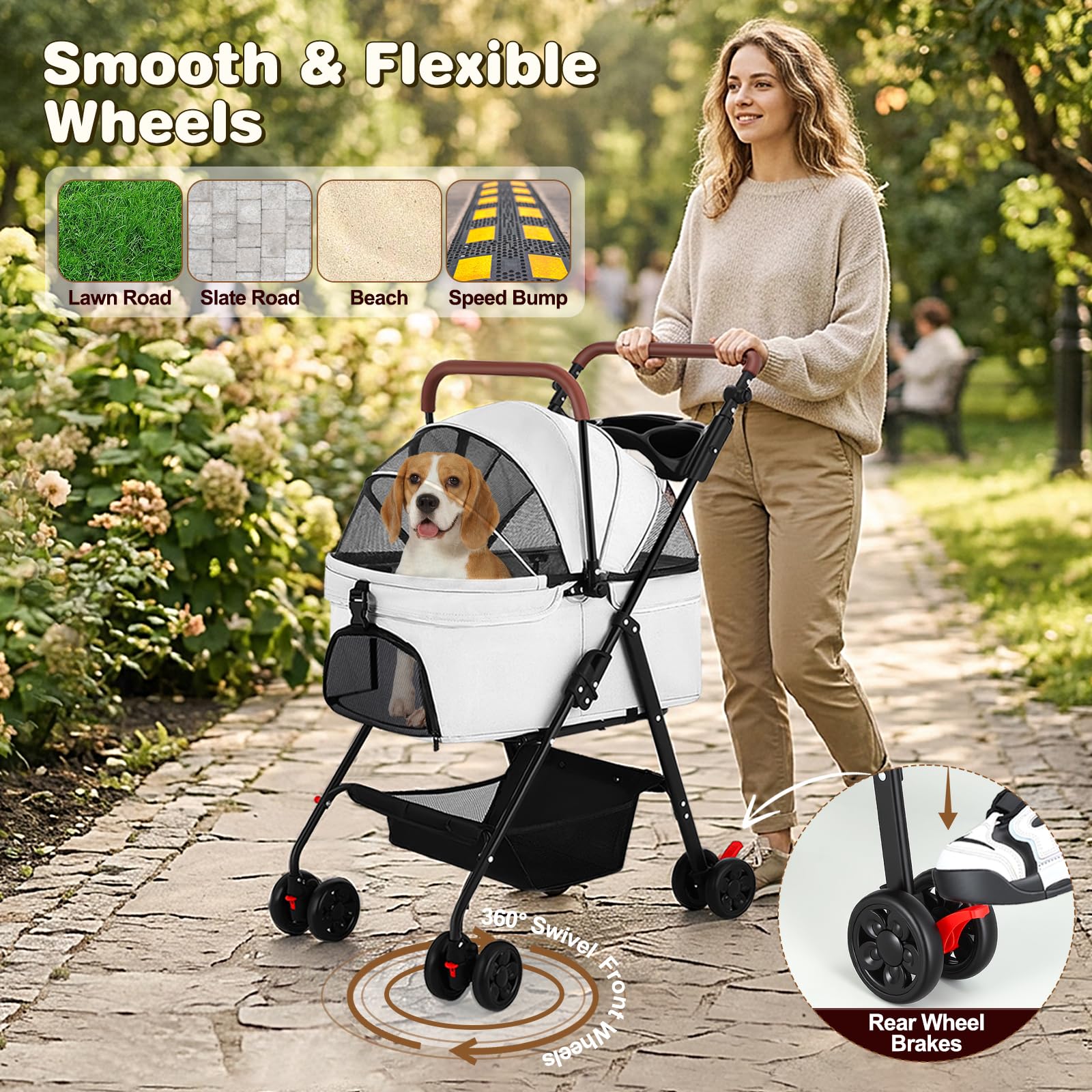 Poussette 3 en 1, pour chiens de taille moyenne, pliable, jusqu'à 20 kg, avec espace de rangement, siège auto amovible et compartiment alimentaire