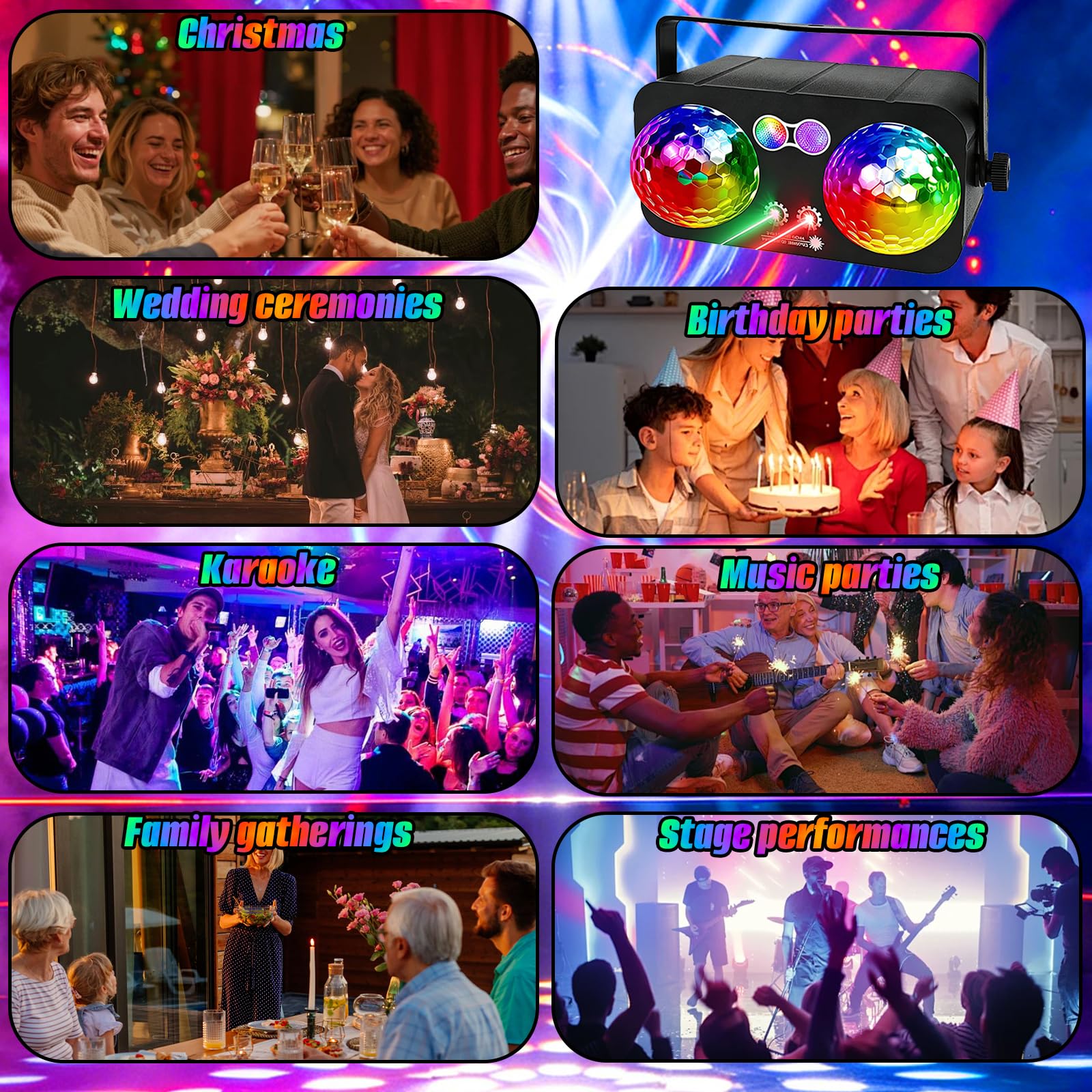 Boule disco 6 en 1 - Lumière stroboscopique DJ colorée - Activée par le son - Pour l'intérieur, les anniversaires, les raves, les soirées dansantes, les lumières de scène en plein air, les clubs à