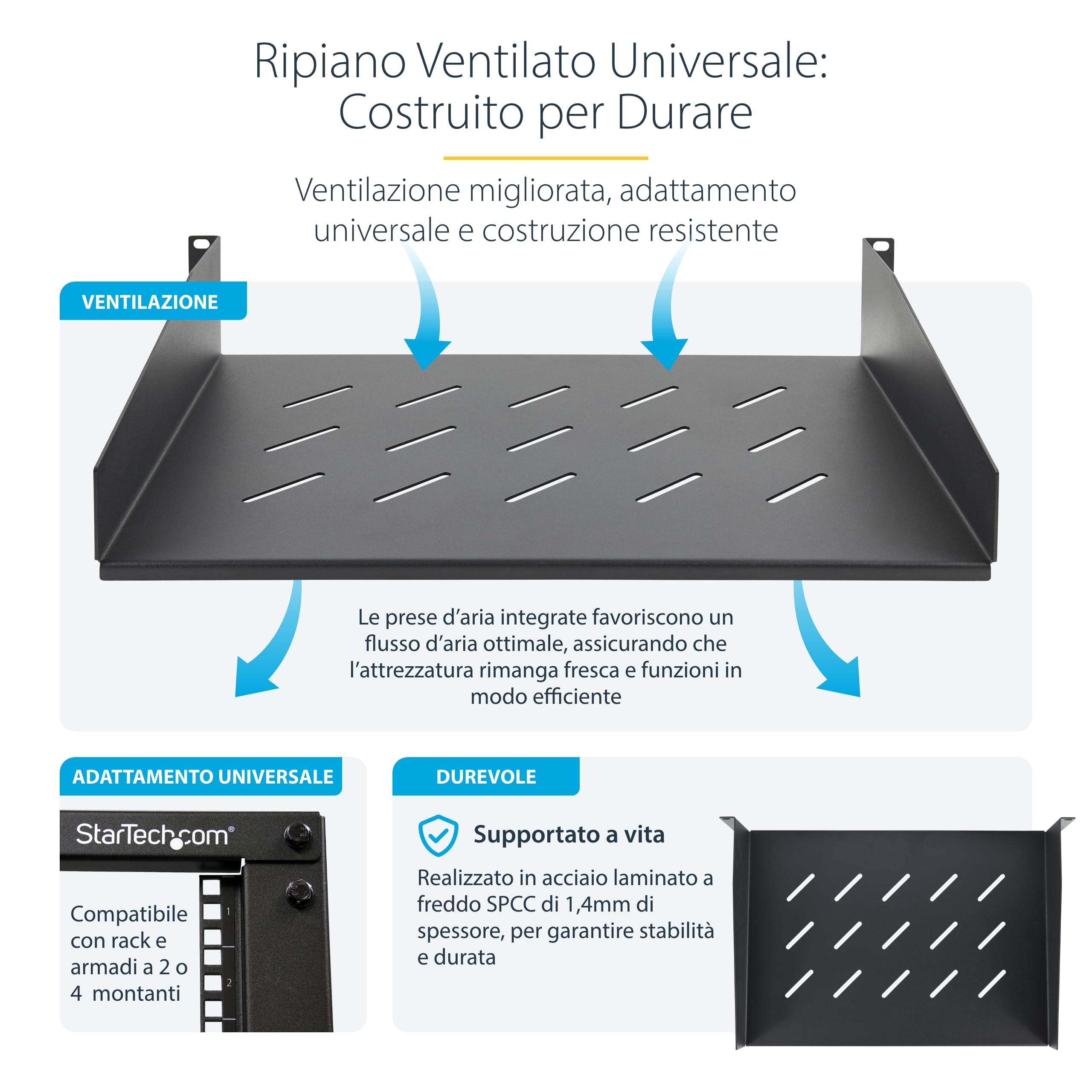 StarTech.com Ripiano Rack 19" 2U Ventilato, Mensola a sbalzo per Armadio Rack; portata 11,3kg, profondità di montaggio 31,5cm