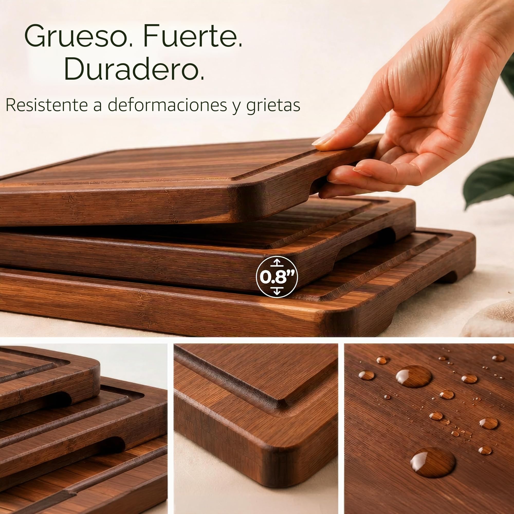 Tablas de Cortar Madera de Acacia, Juego de 3 con Soporte y Asas