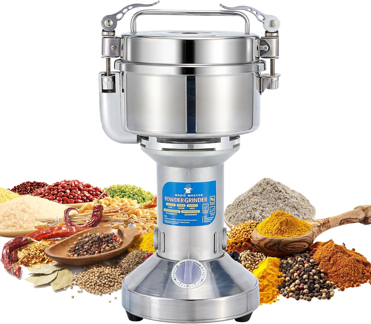 MAGIC MASTER 400g Grain Mill Grinder Electric,High Speed 1650W Commercial Spice Grinder,Safety Stainless Steel Dry Grinder Machine For Flour Wheat Nut Corn Rice Pepper Herbs Coffee Beans,Upright,110V