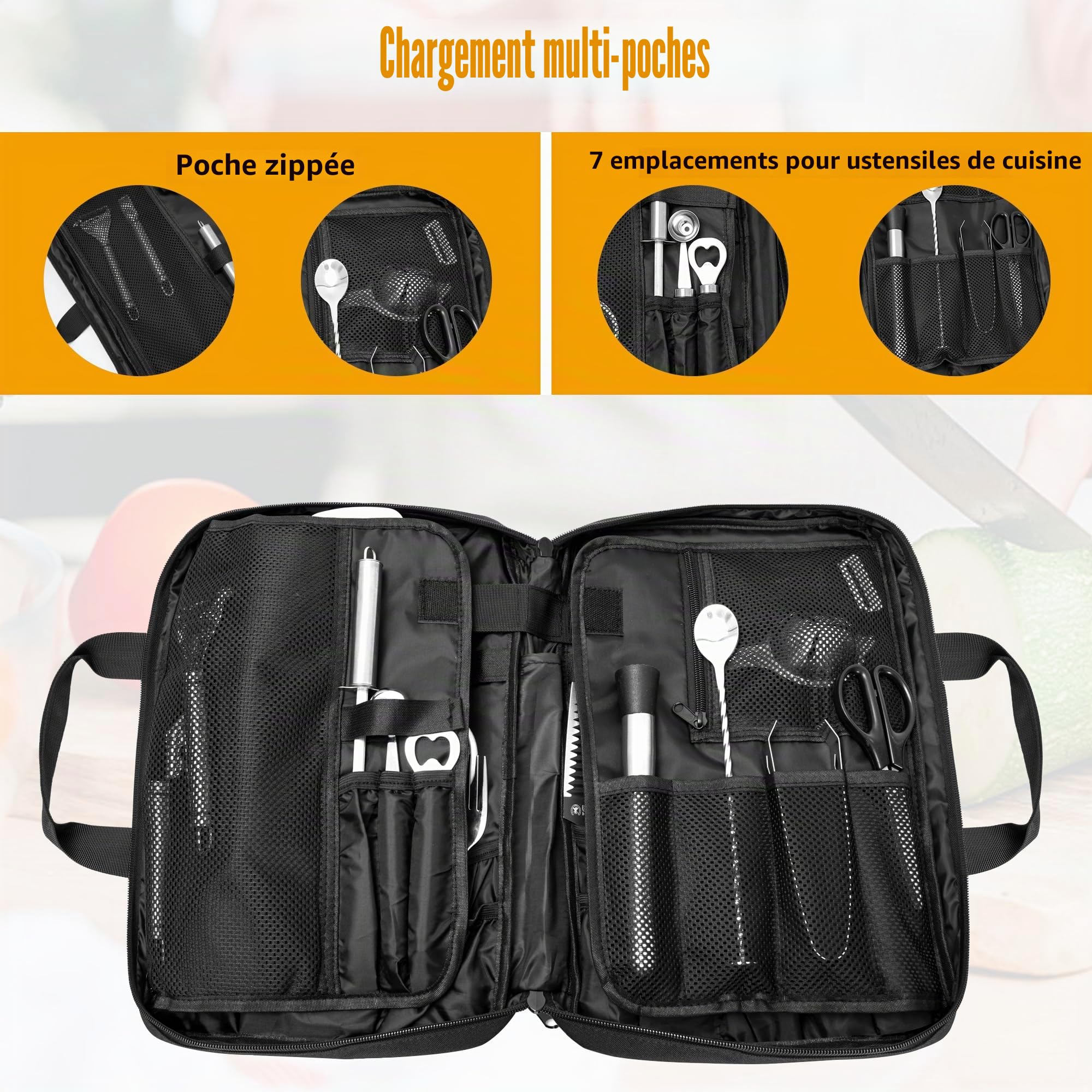 Trousse à Couteaux de Cuisine,16 Compartiments,40x25x6cm,S | Trousse Professionnelle à Couteaux ,Portative avec Poignée et Épaulette, Noir