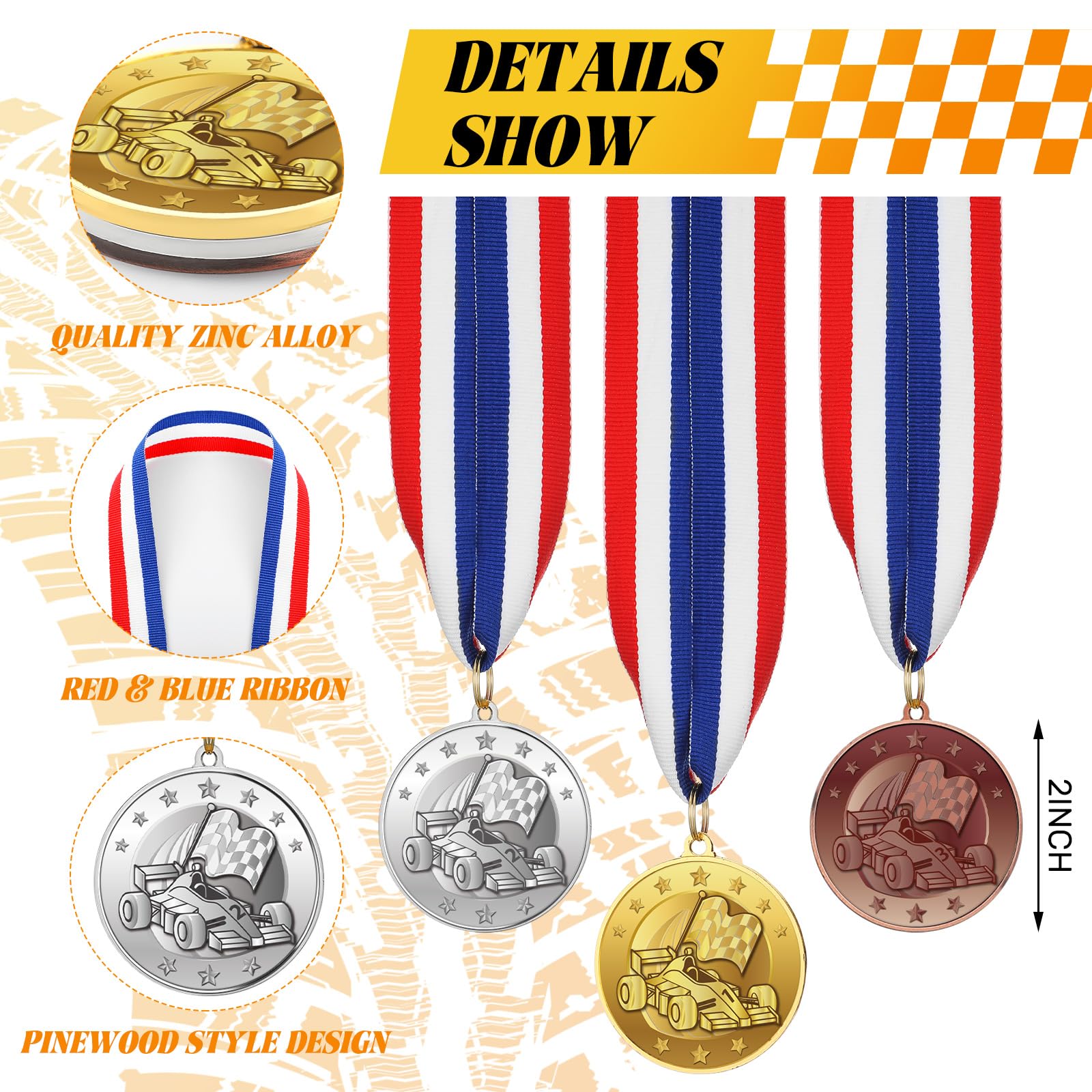 Jinei Juego de 6 medallas de trofeos de carreras de coches de madera de pino, 1ª, 2ª, 3ª medallas de premio con cinta roja blanca y azul para el cuello, trofeos Derby de plástico dorado de 7 pulgadas