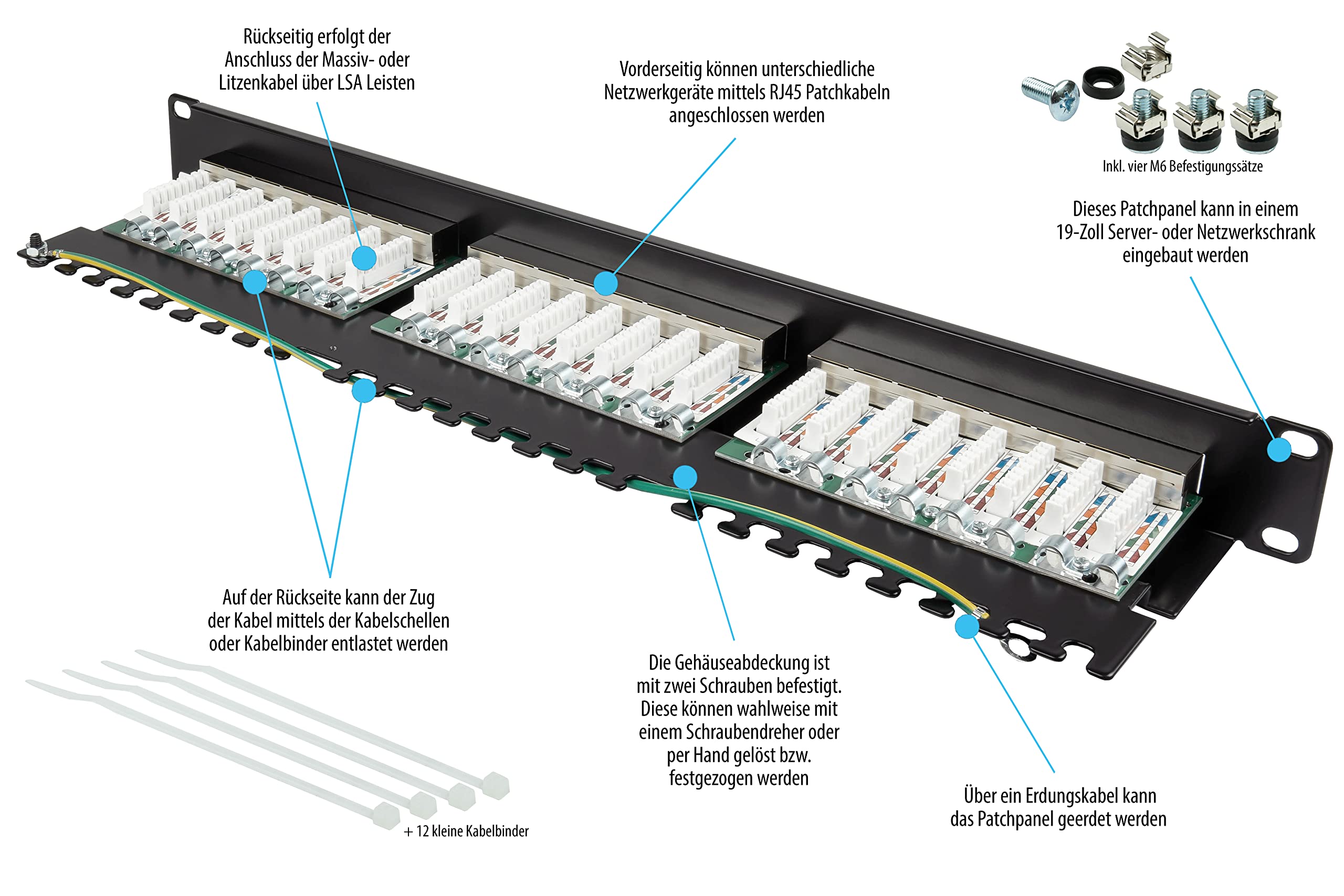 Good Connections® Patch Panel/Patch Panel - 19" - Montaggio server/montaggio su rack - Cat. 6.500 MHz - Compatibile con 10-GIGABIT - 24 porte - 1U - Schermatura STP - Apertura senza attrezzi - Jet