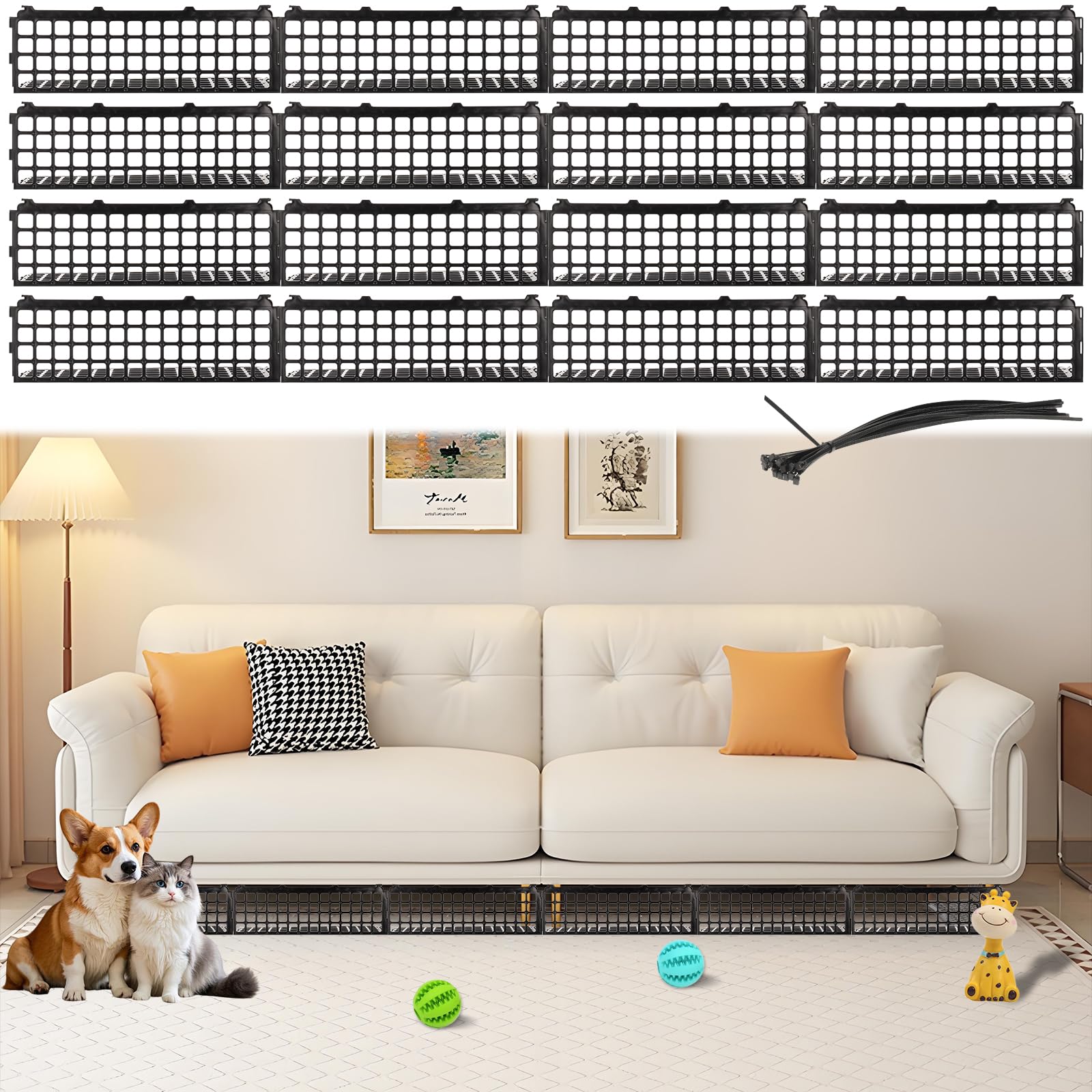 Hlimior 16 Pcs Under Couch Blocker for Bed, Adjustable Plastic Under Bed Blocker Connectable Sofa Barrier with Zip Ties for Bedroom Playroom Furniture Pets Dogs Cats Toys Guard Stoppers, Black