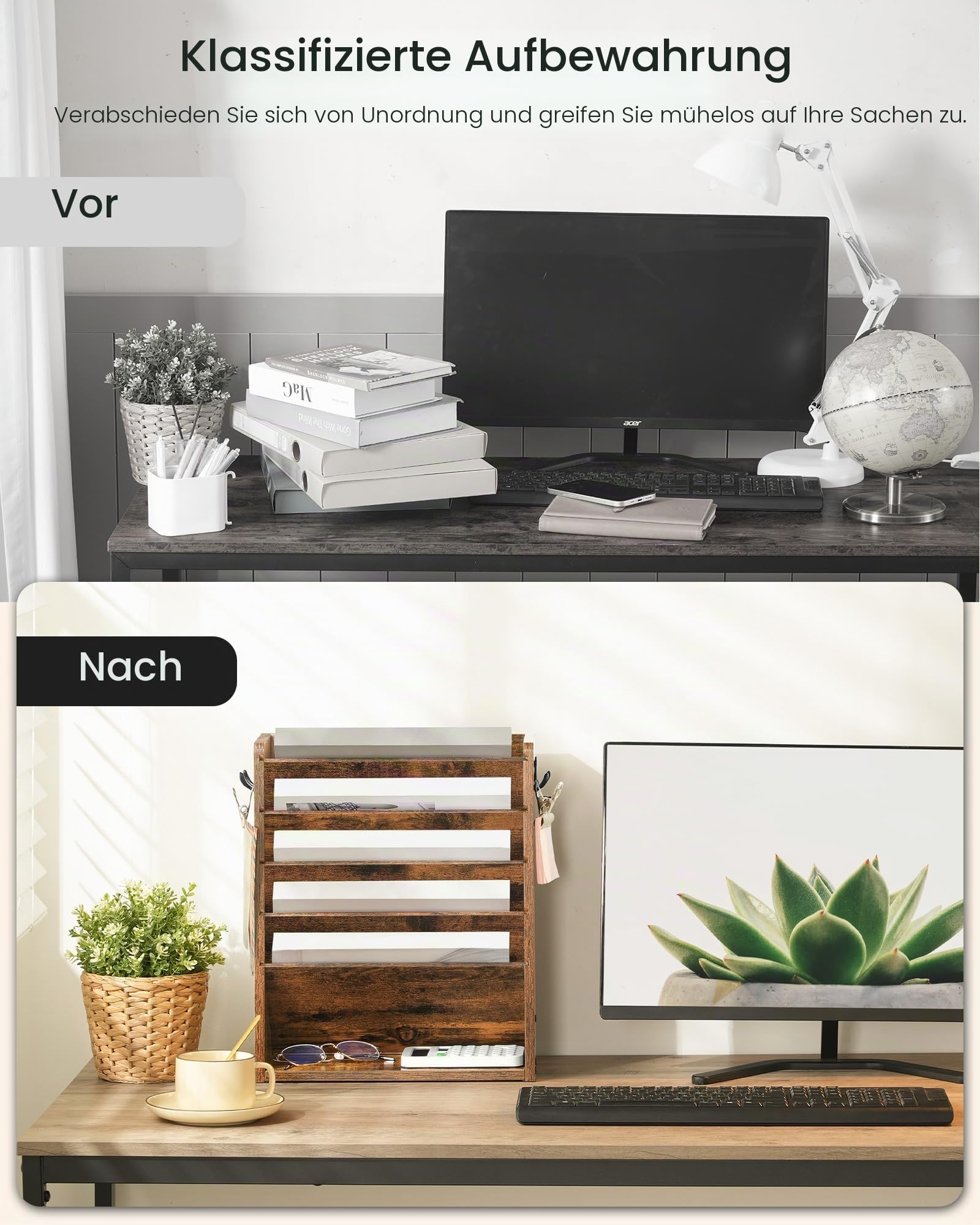 CHOEZON Zeitungshalter Wand, Wandorganizer aus Holzwerkstoff, Wandmontierter Ordner-Organisator, 6-stufiges Dokumentenregal, mit 2 Haken, für das Home Office, Rustikales Braun DMWJ01FG