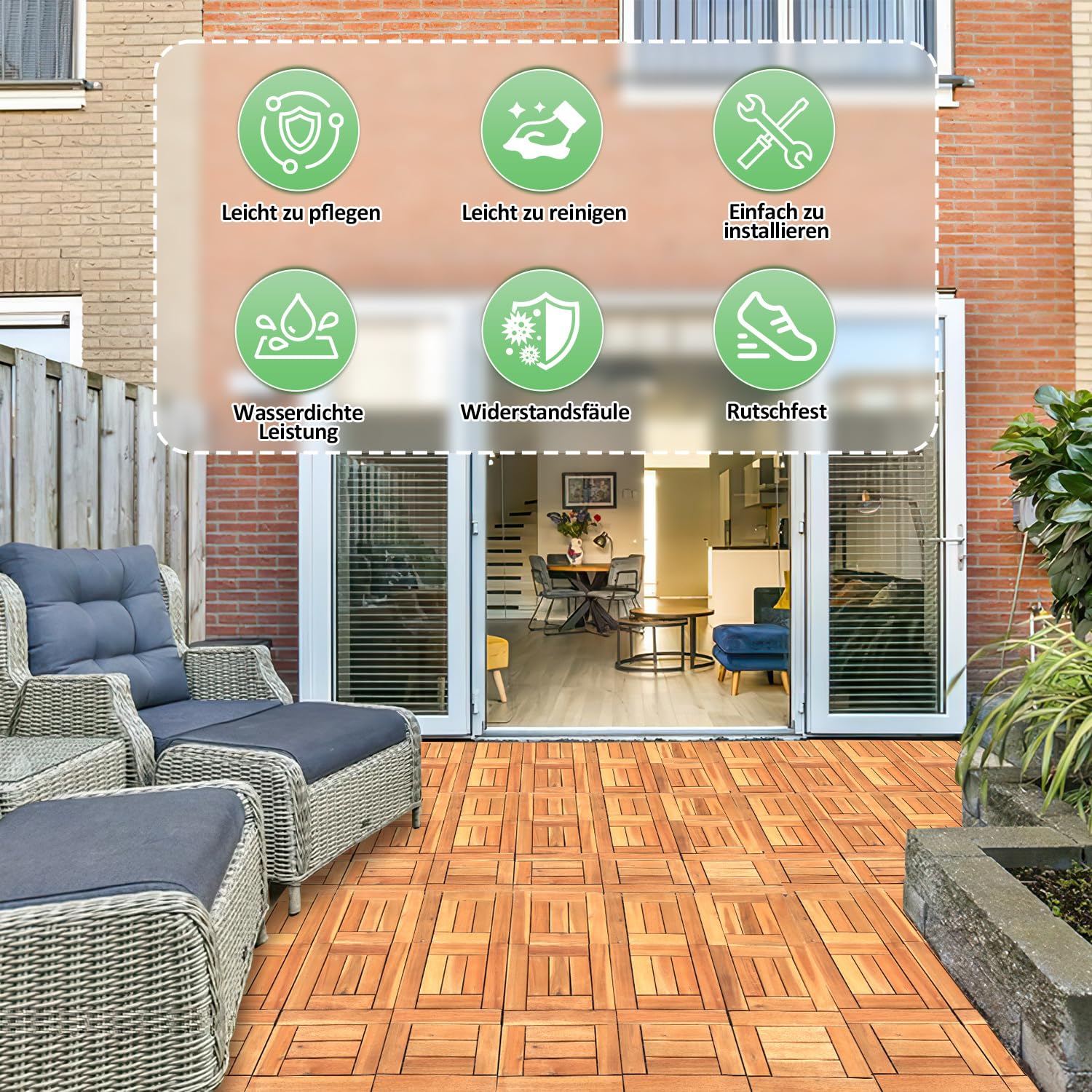 Holzfliesen Terrassenfliesen, 5m² 55 Stück Gartenfliesen 30 x 30 cm, Balkonfliesen aus Akazien Holz, Klickfliesen Terrassenfliese 6 Latten Fliese für Garten, Terrasse, Balkon