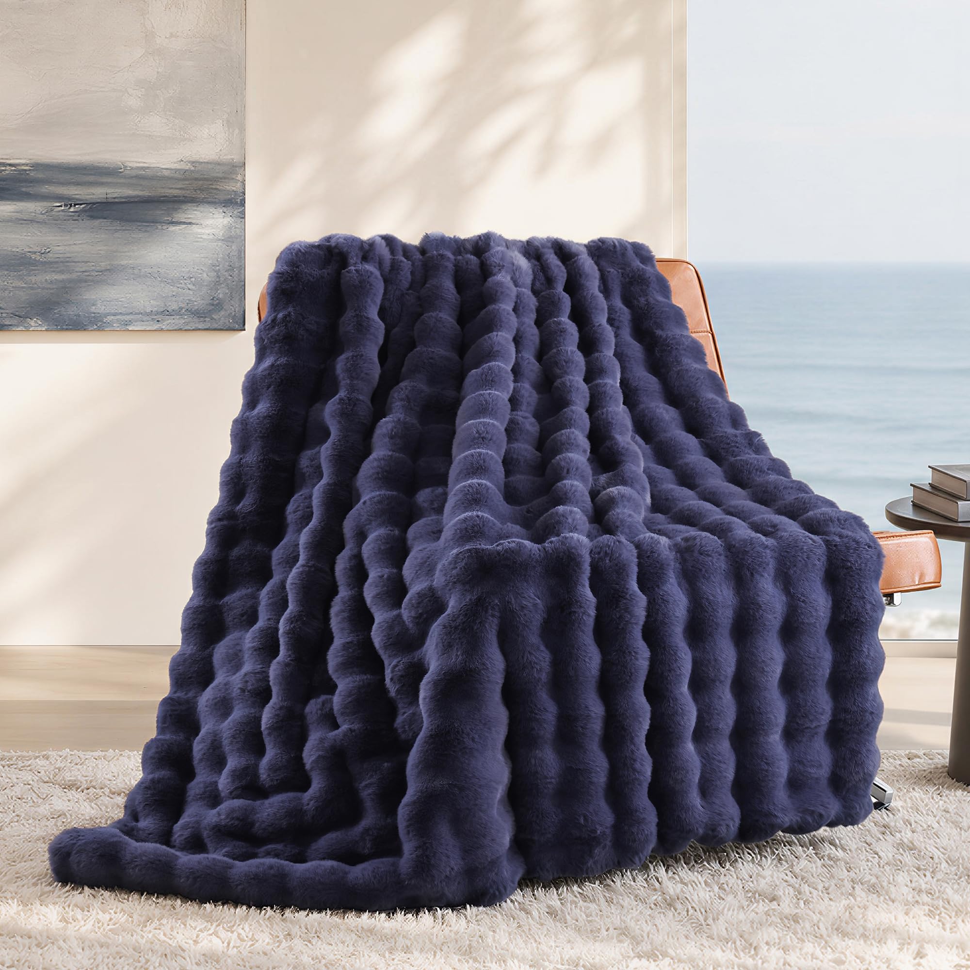 Smoofy Faux Fur Bubble Throw Blanket Navy Blue 60" x 80" QL-FauxFurBlanket