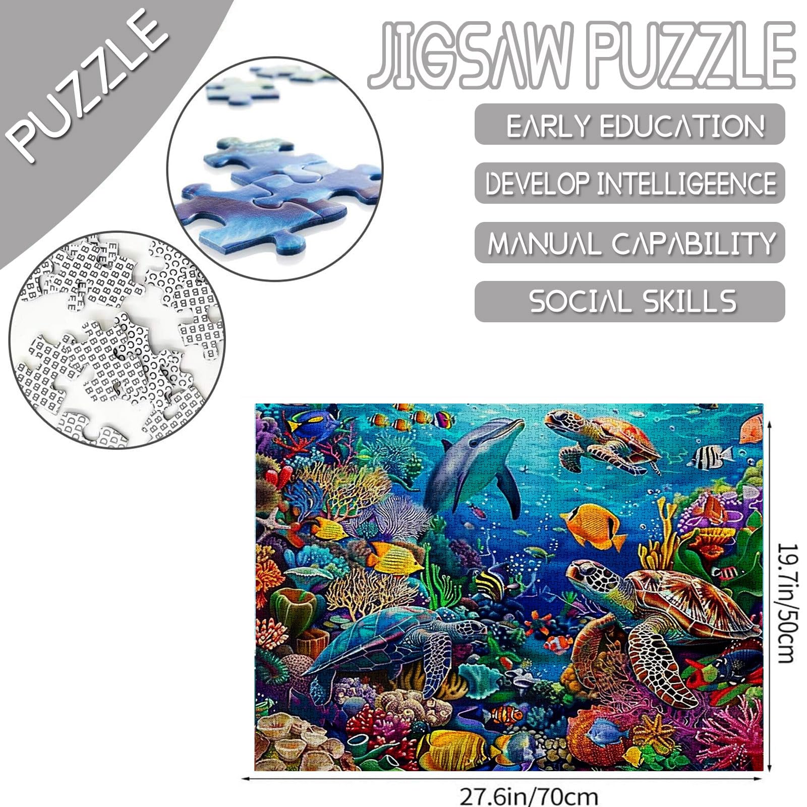 Tucocoo 1000 Piece Jigsaw Puzzle for Adults Underwater World Painting Ocean Animal Challenge Family Activity Game Sea Turtle Dolphin DIY Wall Decor - Image 3