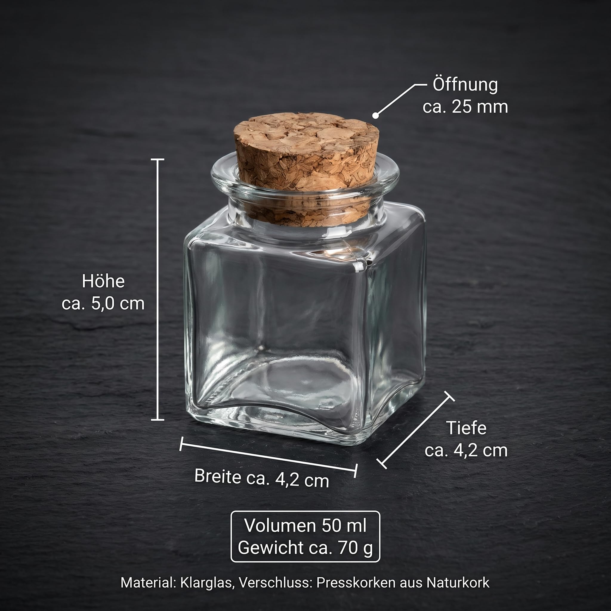 gouveo Set da 24 barattoli quadrati per spezie da 50 ml con tappo in sughero – Piccoli vasetti in vetro per erbe e spezie (KGE050PK)