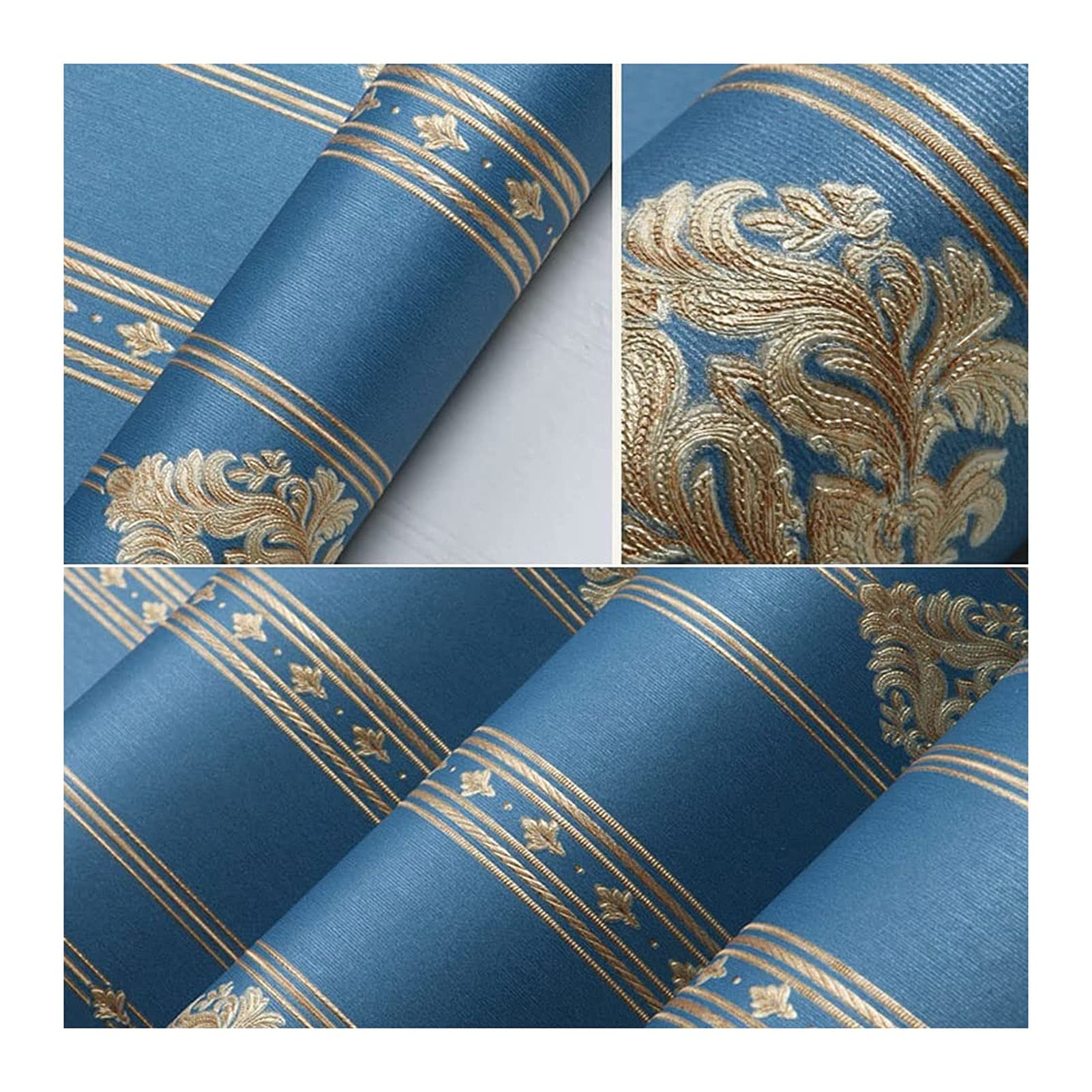 Decorative Wallpaper Non-Woven Non-Pasted Wallpaper 3D Embossed Damask Printing Modern Minimalist European Style Bedroom TV Background Home Decoration (Color : B Blue)