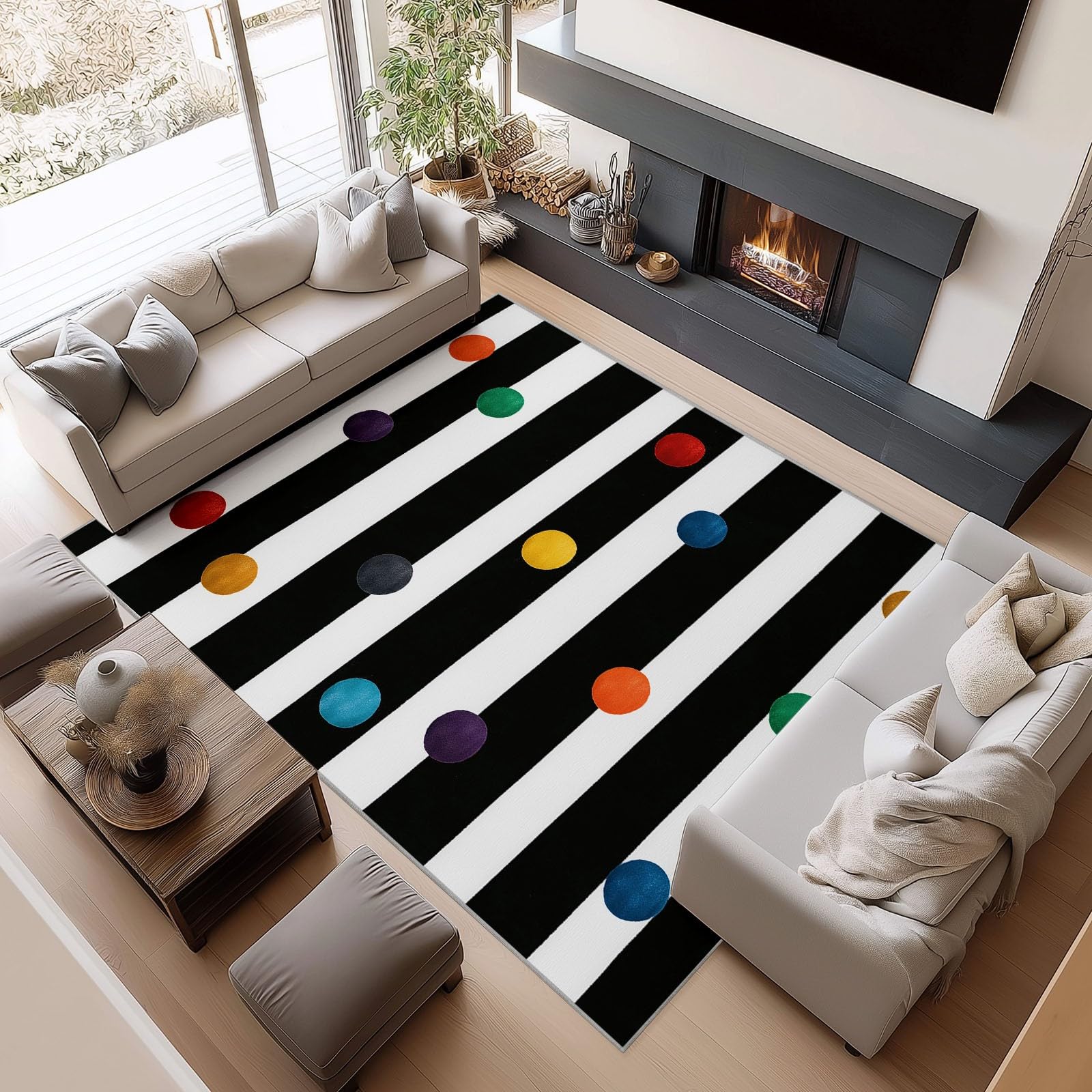 Générique Tapis Salon Lavable Pois rayés Noirs et Blancs 180x240cm Tapis Poil Ras Intérieur Moderne, Antidérapant et Résistant, Décoration pour Chambre Cuisine Bureau Maison