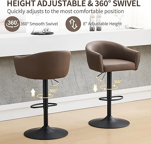 Miniatura 7 de Juego de 2 taburetes de bar, taburetes de bar giratorios con respaldo y brazos, taburetes de bar ajustables de piel sintética de 24 a 34 pulgadas,