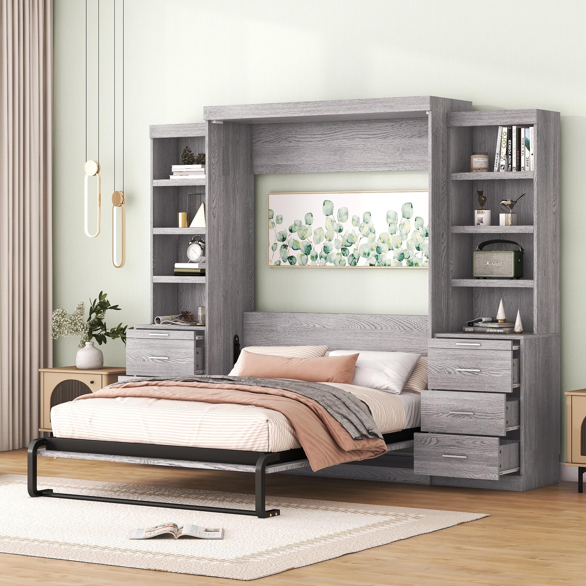 Full Size Murphy Bed with Storage Shelves and Drawers,Easy Fold Wood Wall Bedframe,Space-Saving,for Bedroom Apartment Small Space,Gray