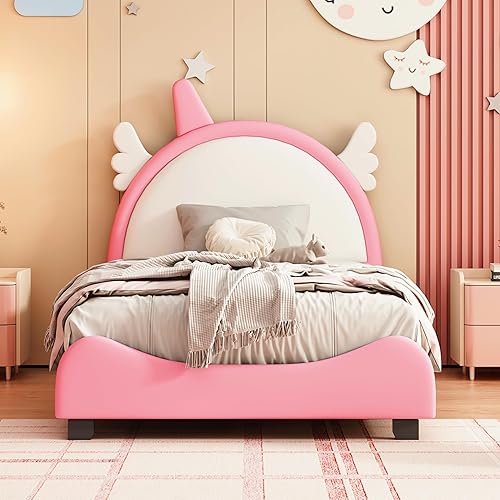 Bonita cama tapizada con cabecera en forma de unicornio, cama de plataforma de cuero tamaño individual con cabecera y listones de madera para niños