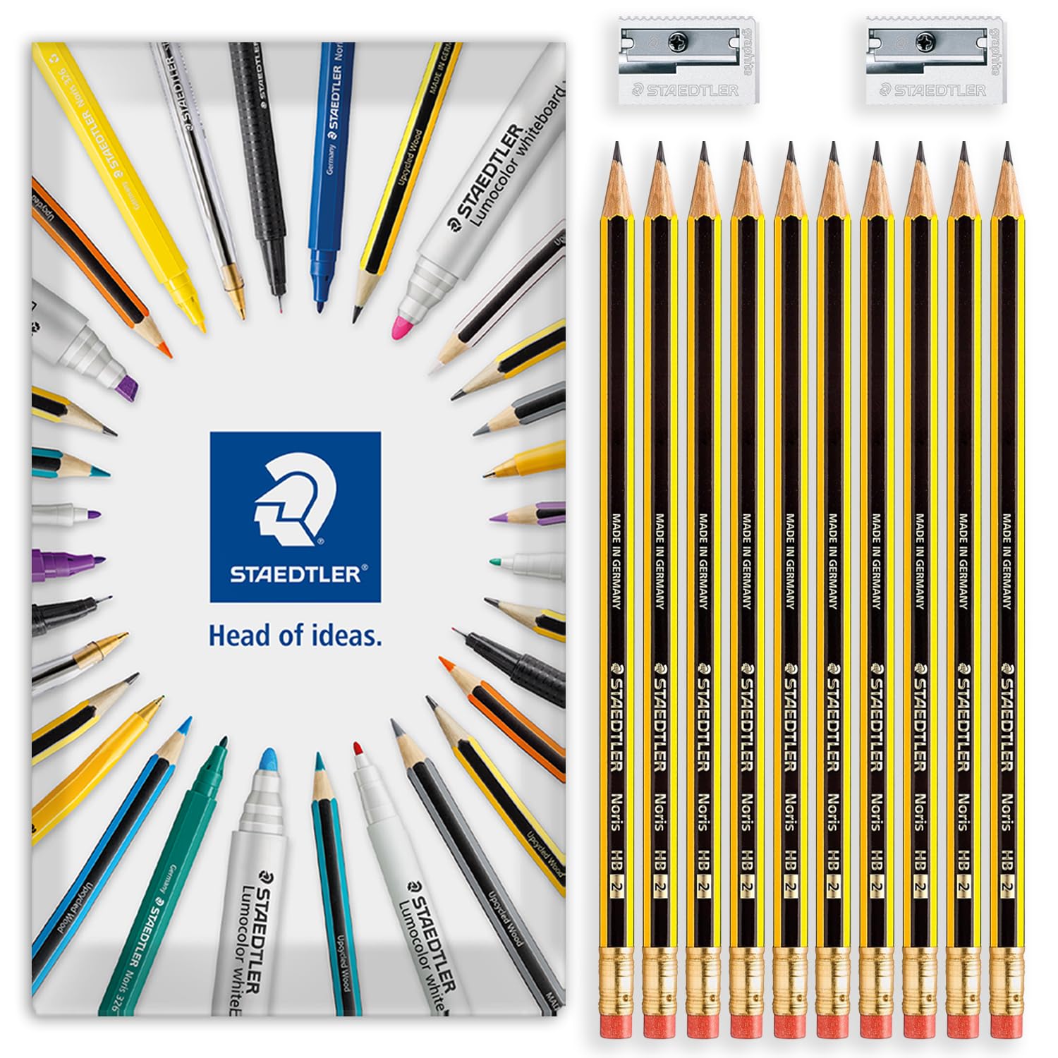 STAEDTLER 122 ołówków grafitowych Noris z końcówką do ścierania, klasa HB, opakowanie 10 ołówków + 2 metalowe temperówki z pojedynczym otworem, w opakowaniu prezentowym