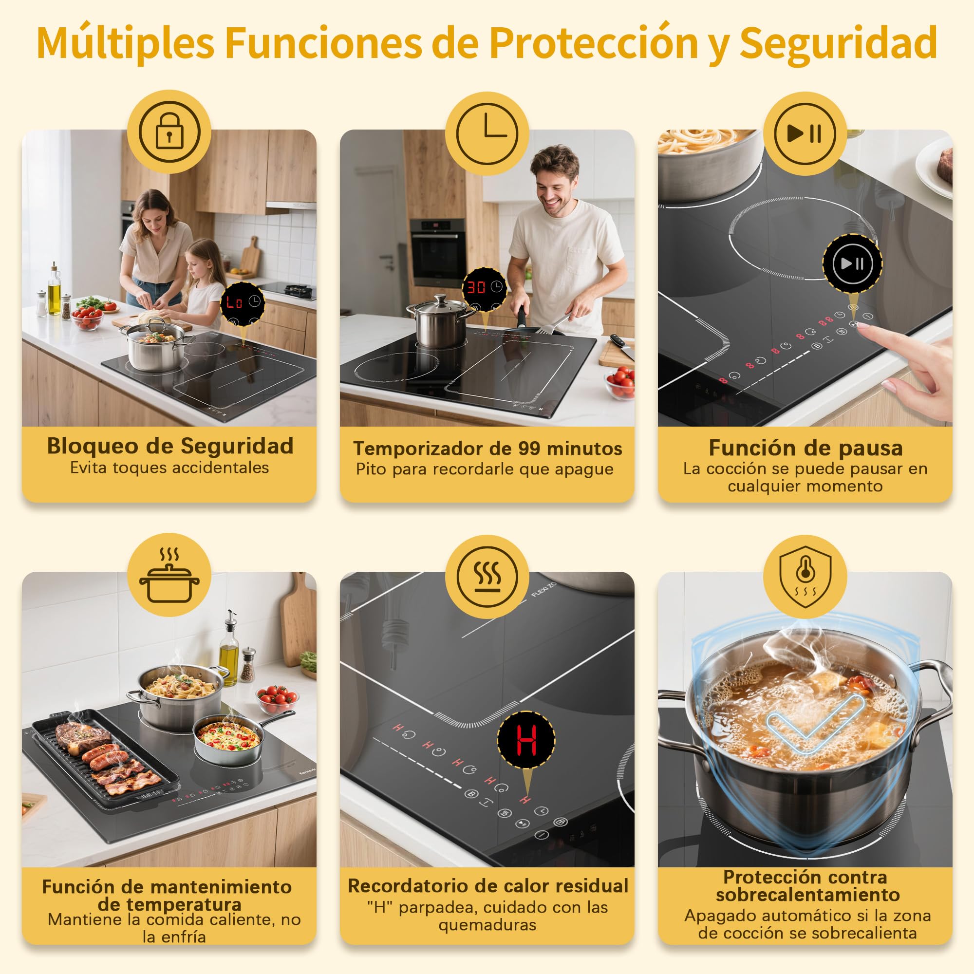 Placa Induccion 4 Fuegos 60cm, Placa de Inducción Integrada con Flexibles | Función Boost, 9 Niveles de Potencia, Temporizador, Bloqueo de Seguridad, 3500W