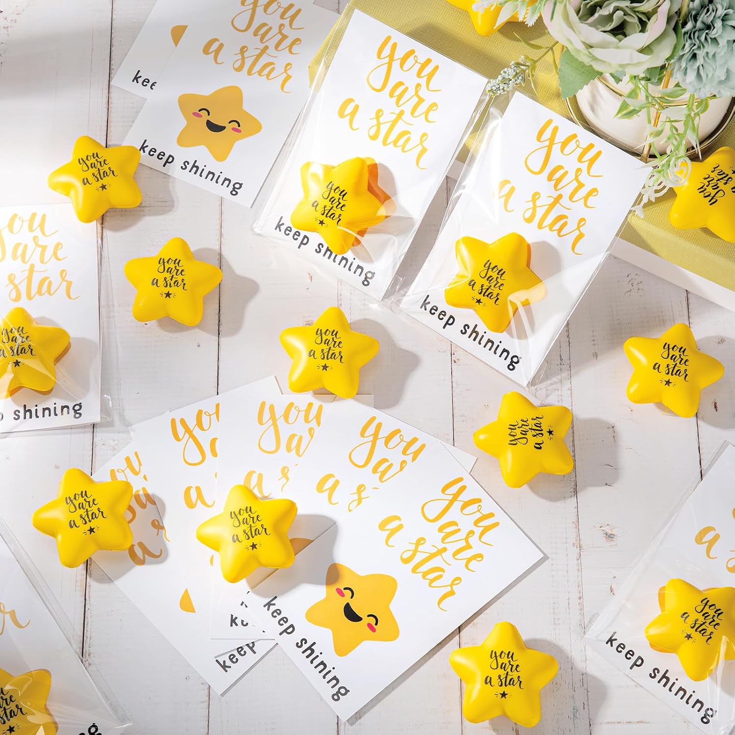 Meooeck 24 Sets Squeeze Star Stress Balls Bulk Gifts Motivational Mini Star Stress Relief Foam Balls Inspirational Card Bag for Gift Exchange Appreciation Graduation Party Favor Prize Reward, Yellow