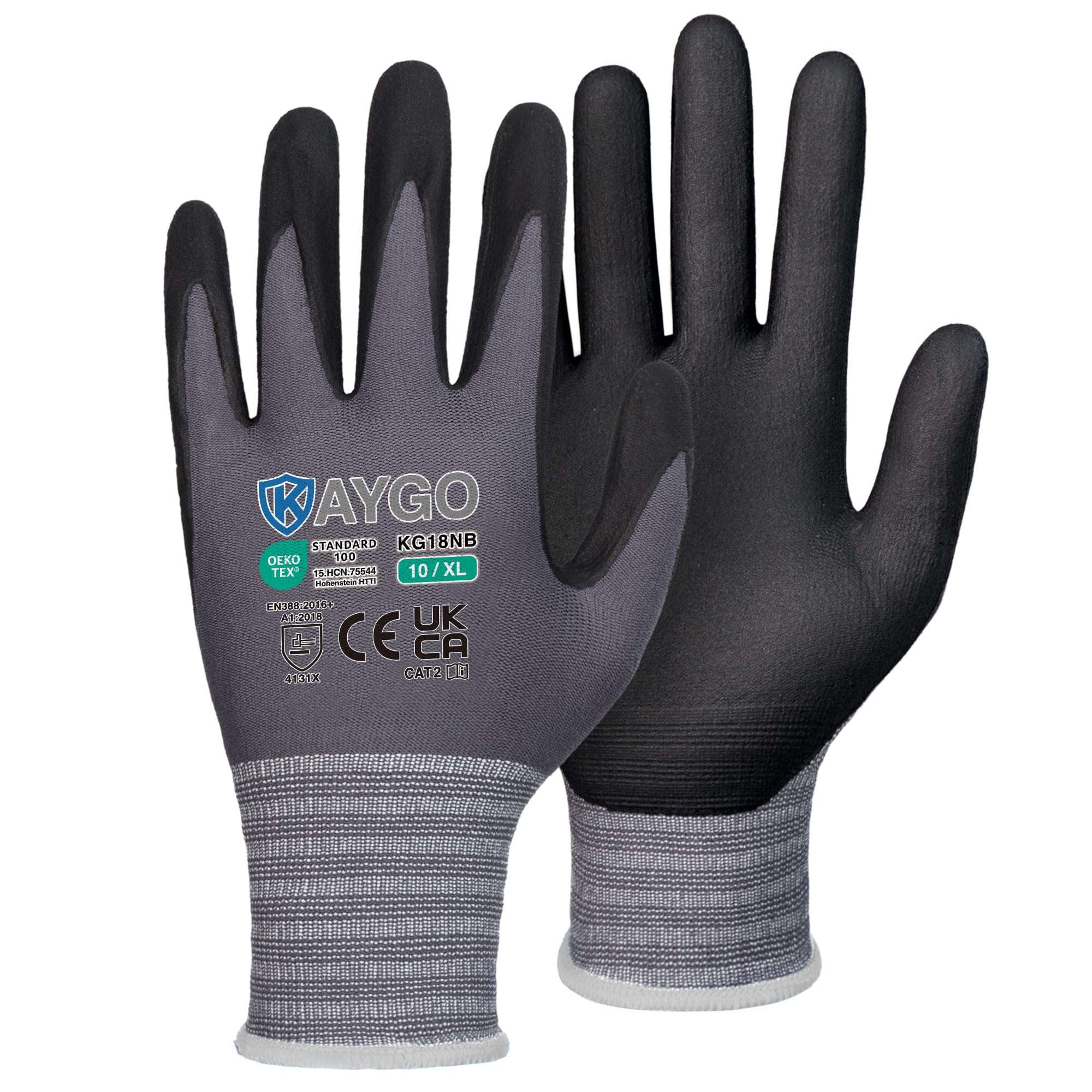 KAYGO 12 pares guantes de trabajo de Seguridad recubiertos con nitrilo, KG18N, nylon de punto sin costura, buena fuerza de agarre, adecuados para uso general, auto (Negro, talla 10)