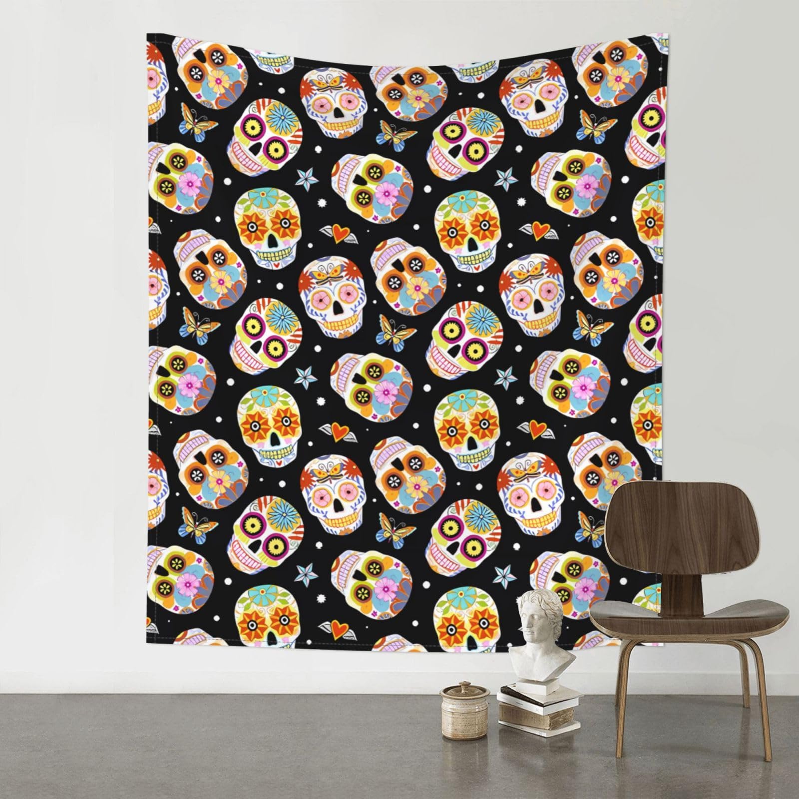 WHJSHOP sugar skulls butterfly Prints 60x51in Wall Tapestry Boho Throw – Durable Polyester Home Decor Dorm Room Beach Blanket