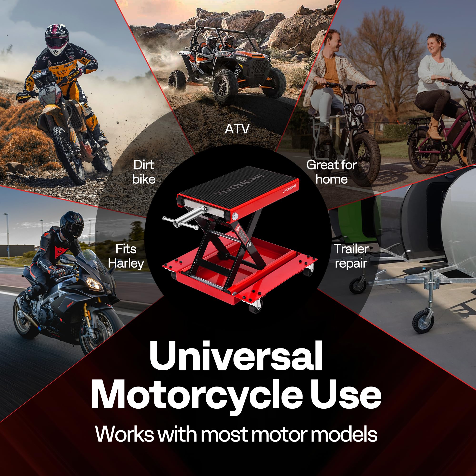 VIVOHOME Podnośnik Motocyklowy z Szerokim Pokładem Stalowym 500kg Podnośnik Nożycowy ATV z Wózkiem i Ręczną Korbą Stojak do Naprawy Rowerów Czerwony | Szeroka gumowa podkładka stalowa wózek na kółkach idealny do motocykli, ATV, UTV i napraw warsztatowych,