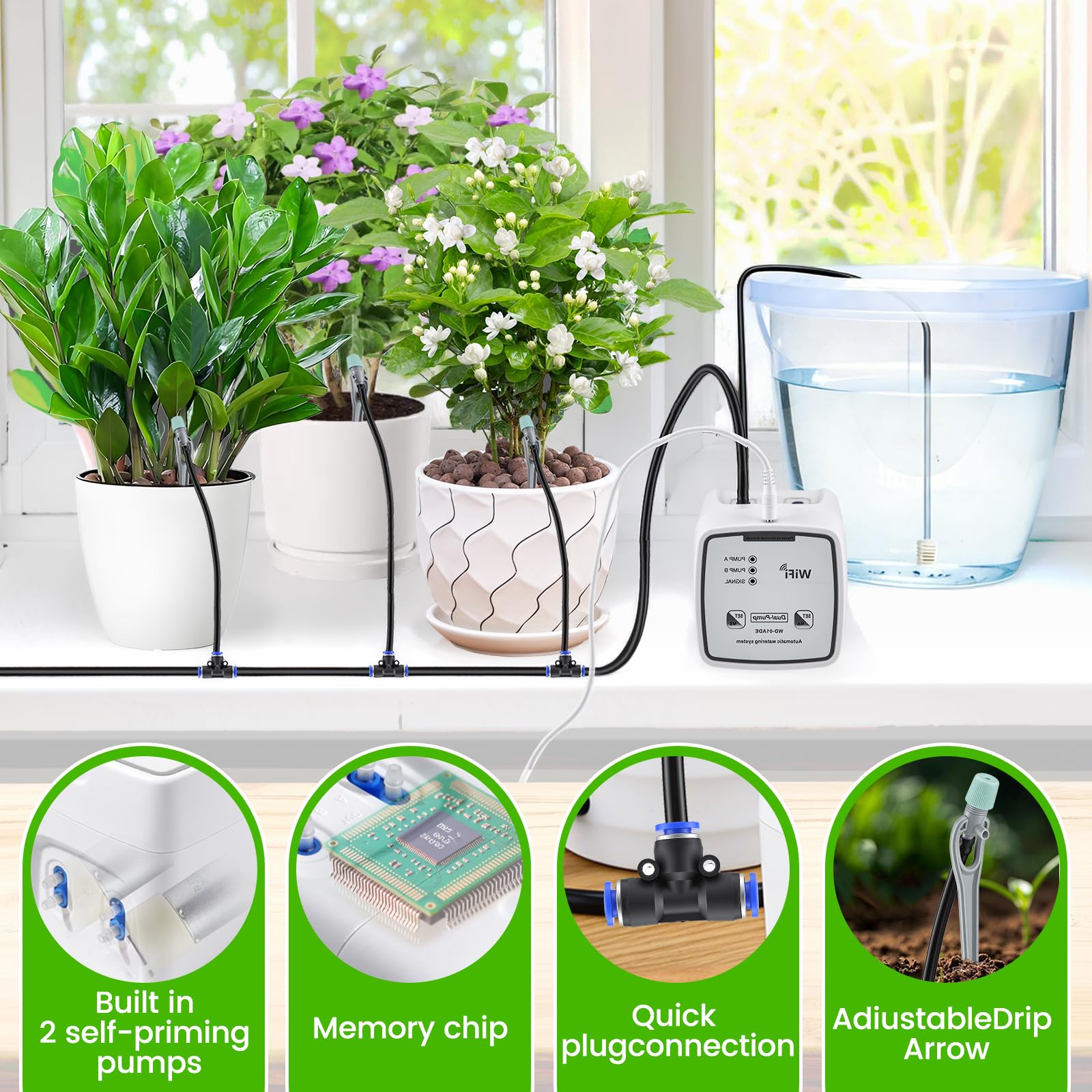 Système d'irrigation automatique WIFI - Quantité d'eau réglable - Kit d'irrigation goutte à goutte contrôlé par application - Arrosage automatique intérieur - Kit d'irrigation goutte à goutte pour