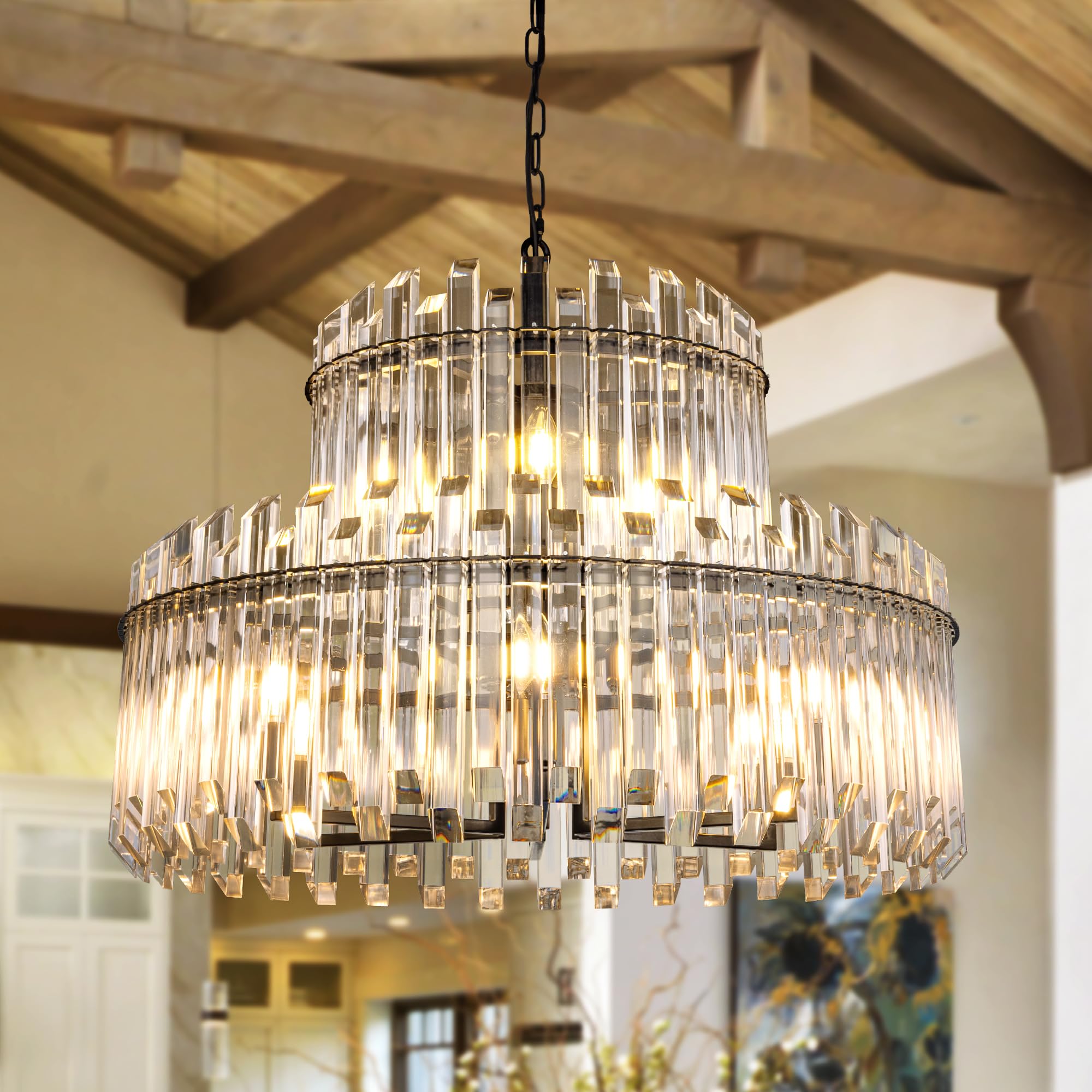 wellmet black modern glass chandelier, castle design large pendant light, 9-light luxury chandelier for living room, entryway, dining room, office, bedroom